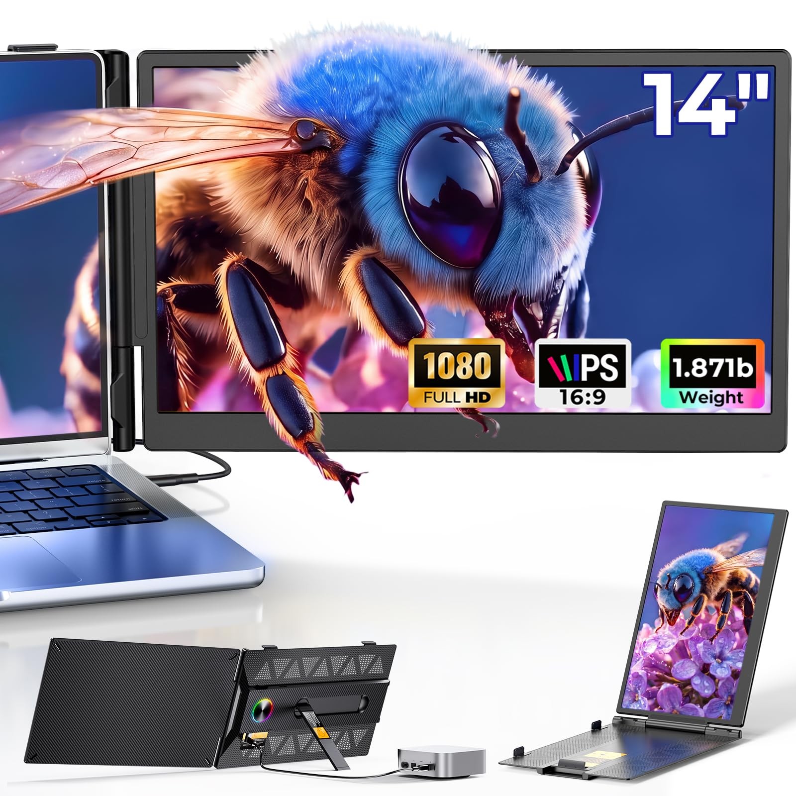 Laptop Screen Extender, 14” FHD 1080P Portable Monitor for Laptop with 100% sRGB