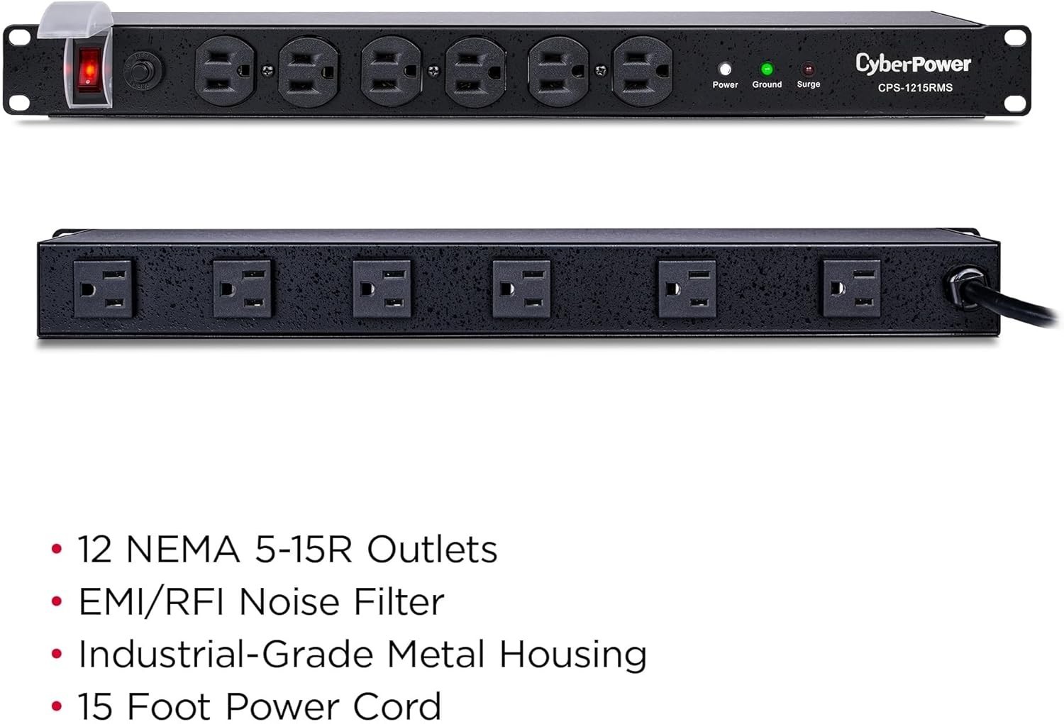 CyberPower CPS1215RMS 1U Rackmount Surge Protector 120V/15A 12 Outlet 15 ft Cord