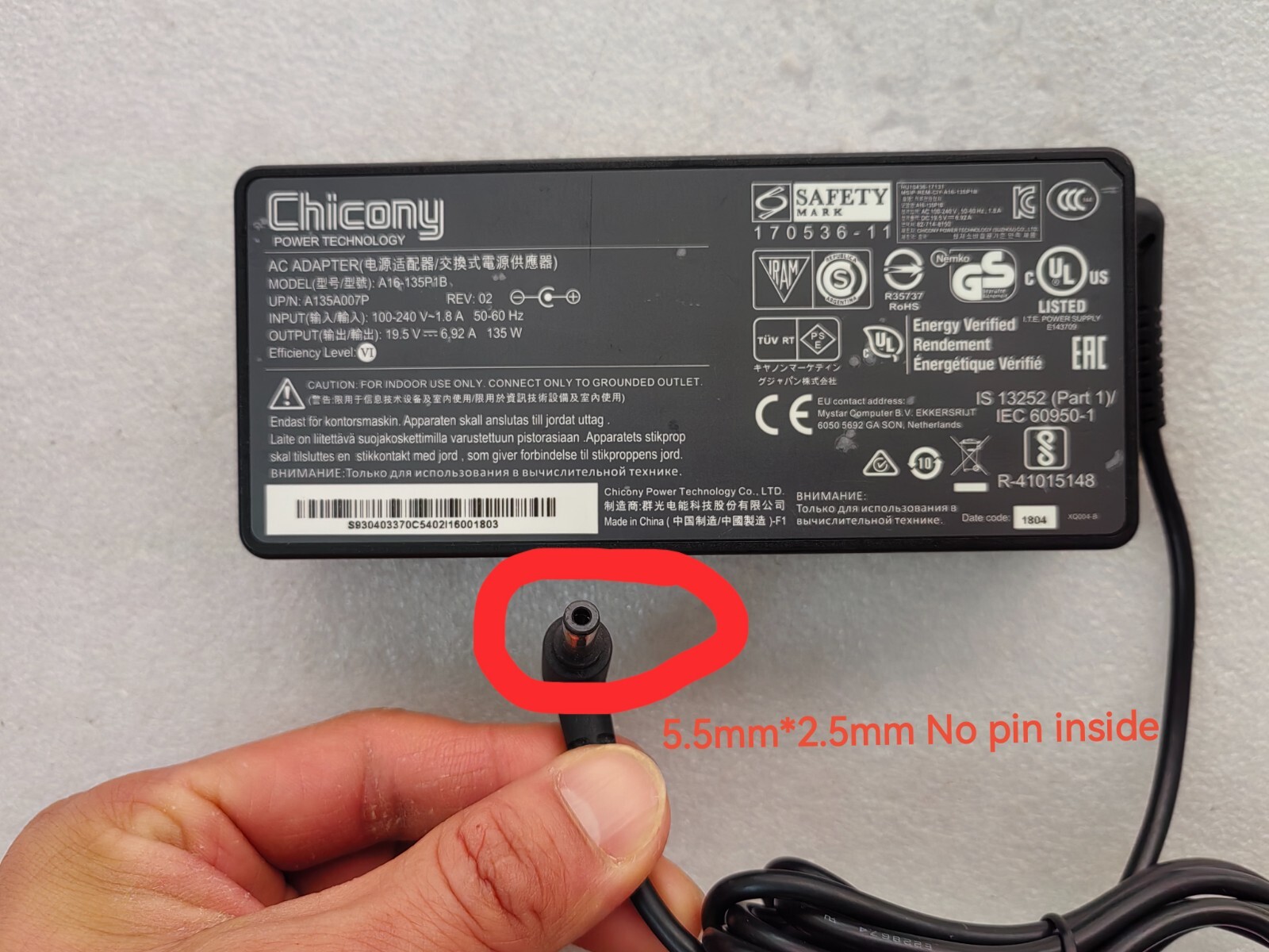 Chicony 19.5V 6.92A A16-135P1B For MSI GF75 Thin 8rd 5.5mm 135W Adapter Original