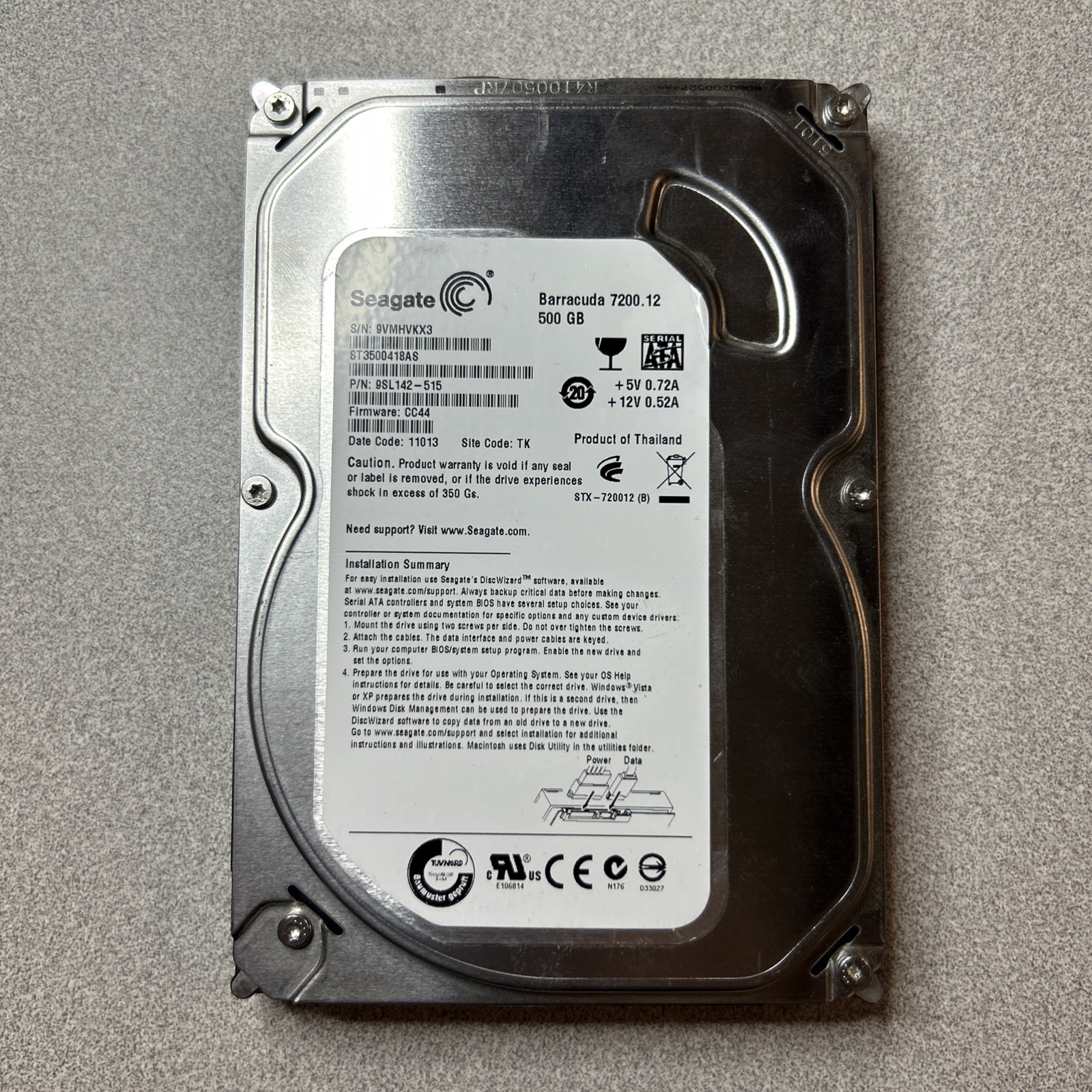 Segate 500 GB SATA Hard Drive (Model #: ST3500418AS)