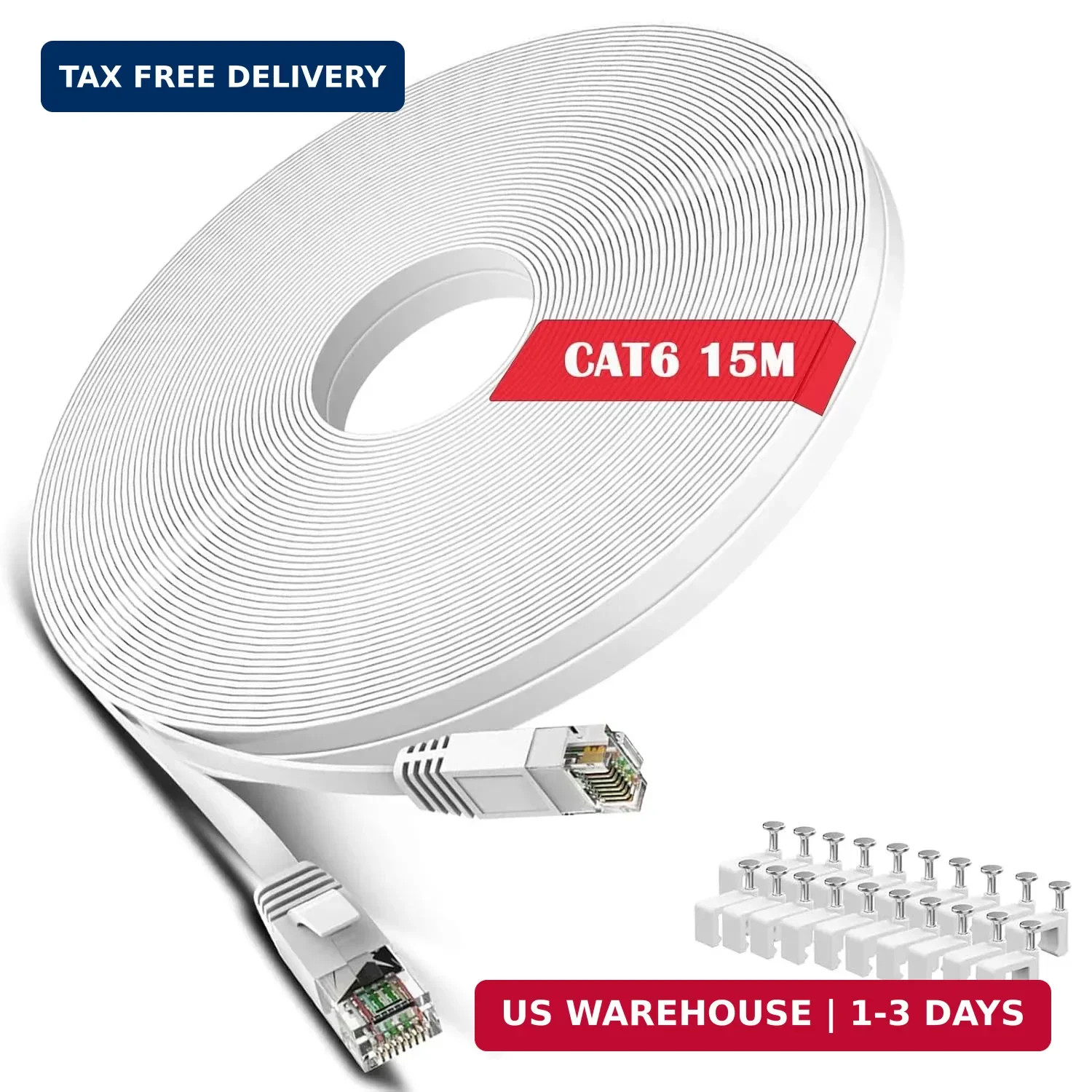 Cat 6 Ethernet Cable 50 ft White - Flat Internet Network LAN Patch Cords - Solid