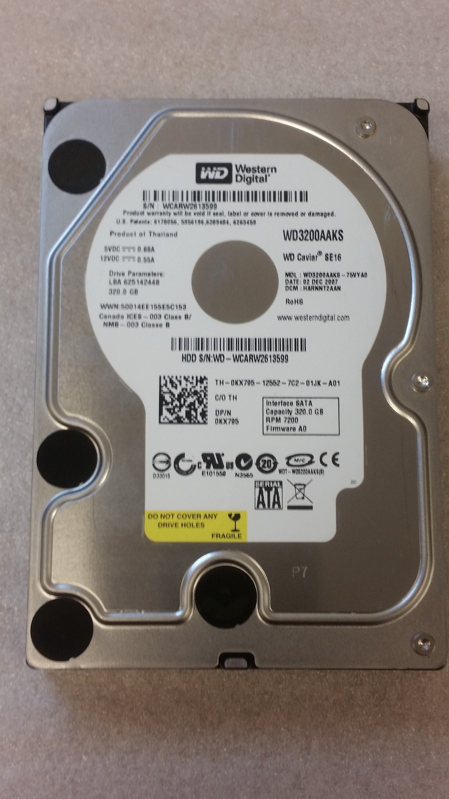 WESTERN DIGITAL WD3200AAKS-75VYA0 320GB SATA HARD DRIVE DCM: HARNNT2AAN