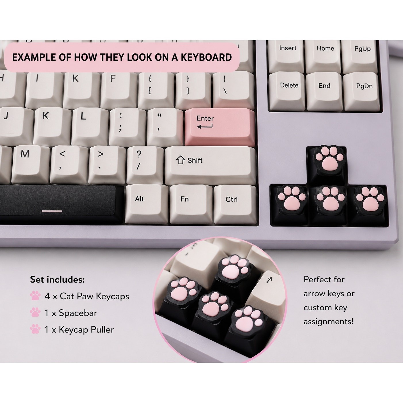 Pink Cat Paw Keycaps Set 4 Arrow Keys Spacebar Keycap Puller MX Style Black