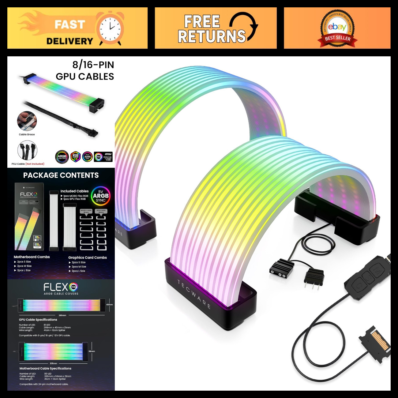 RGB Cable Cover Kit for PC - 24-Pin Motherboard & 8/16-Pin GPU - ARGB PSU Extens