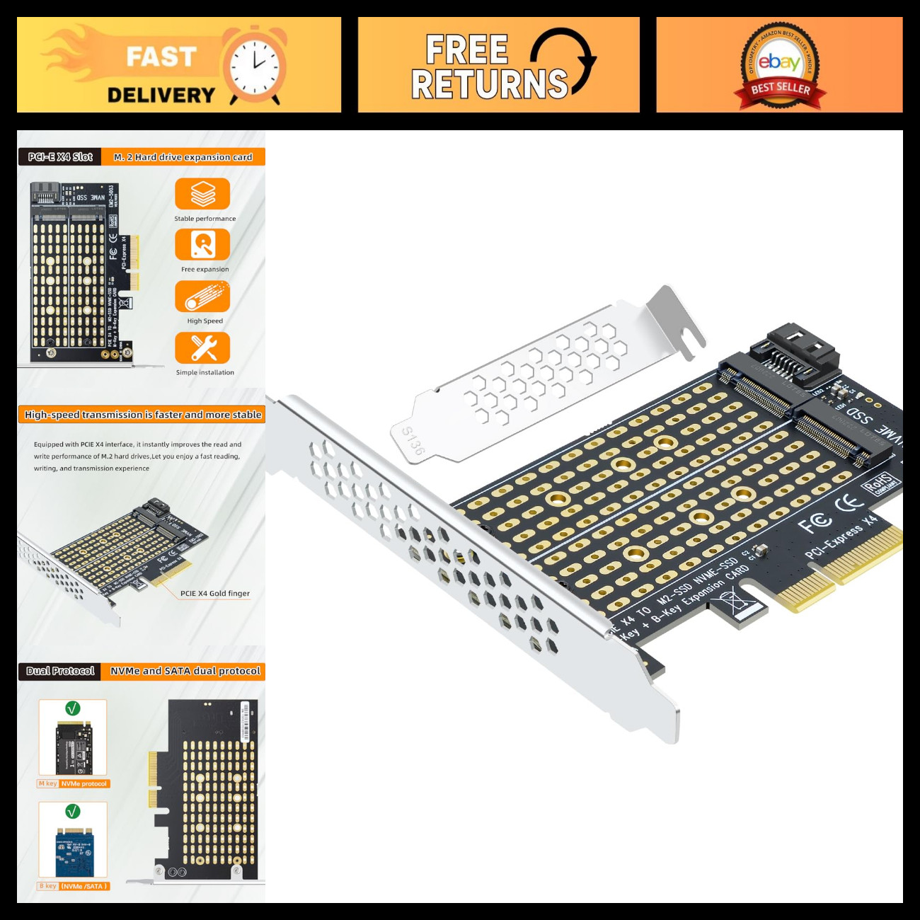 Dual M.2 PCIe NVMe SSD Adapter Card - PCIe 4.0 X4, 2-Port Expansion for Desktop