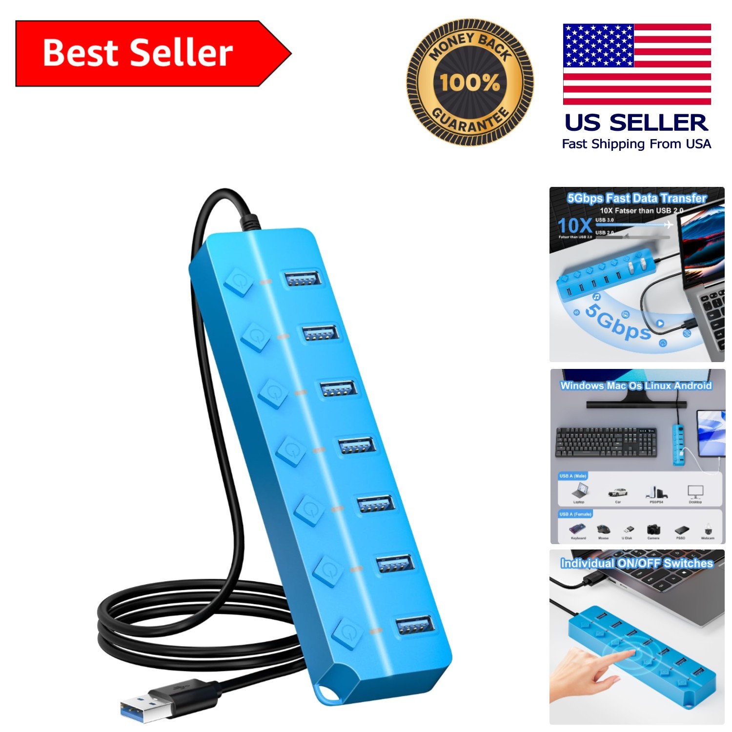 Fast 5Gbps USB Hub Splitter with 7 Ports and Individual Control - Blue Elegance