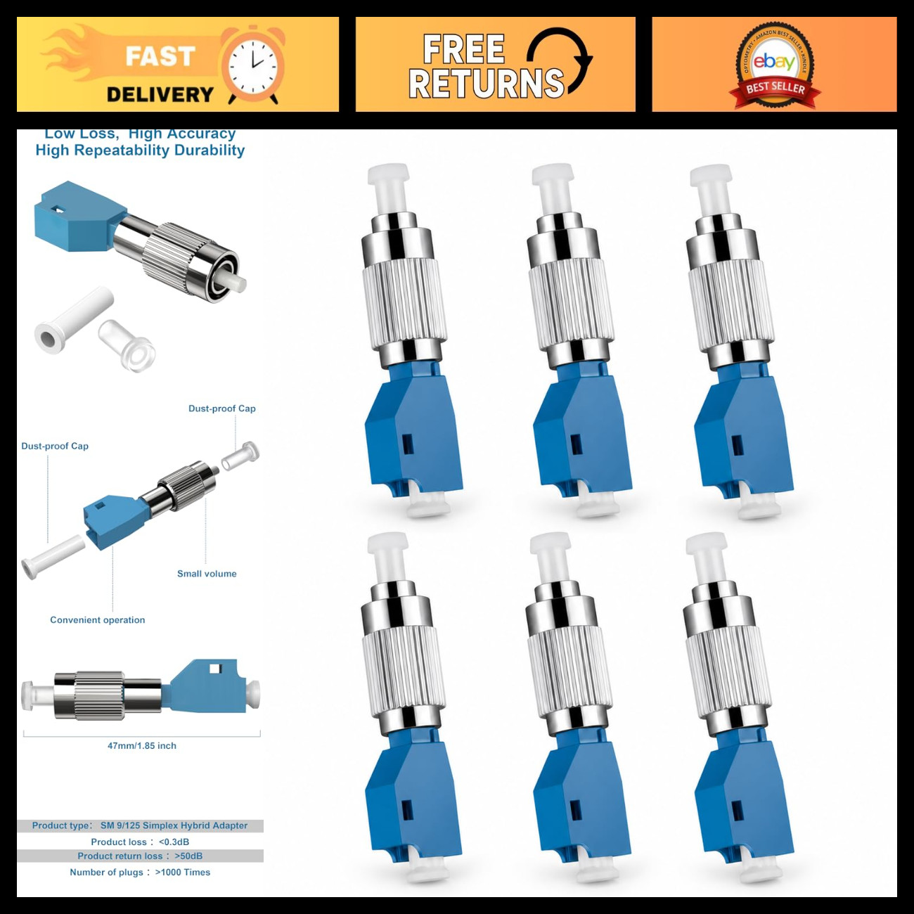 6Pcs FC Male to LC Female Fiber Optic Adapter, Single Mode Simplex Connector