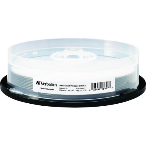 VERBATIM 4X Blu-Ray BD-R XL 100GB White Inkjet Hub Printable 10 pk Spindle 98897