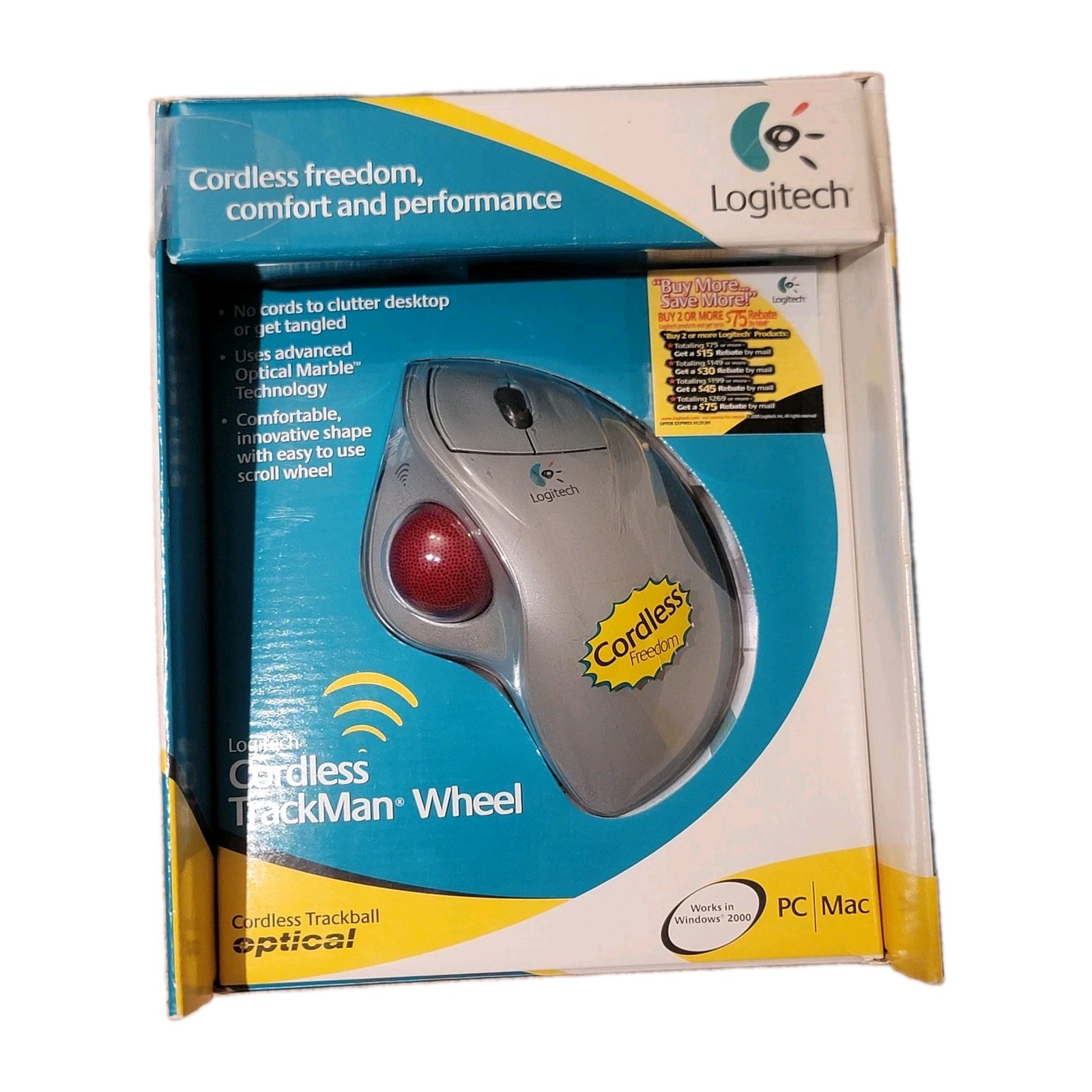 Logitech Cordless TrackMan Wheel Trackball PC Mac Computer Mouse OPEN BOX