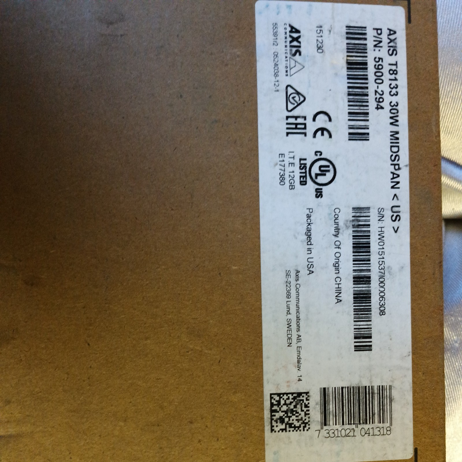 Axis T8133 30W High Power Over Ethernet Midspan (P/N:5900-294)