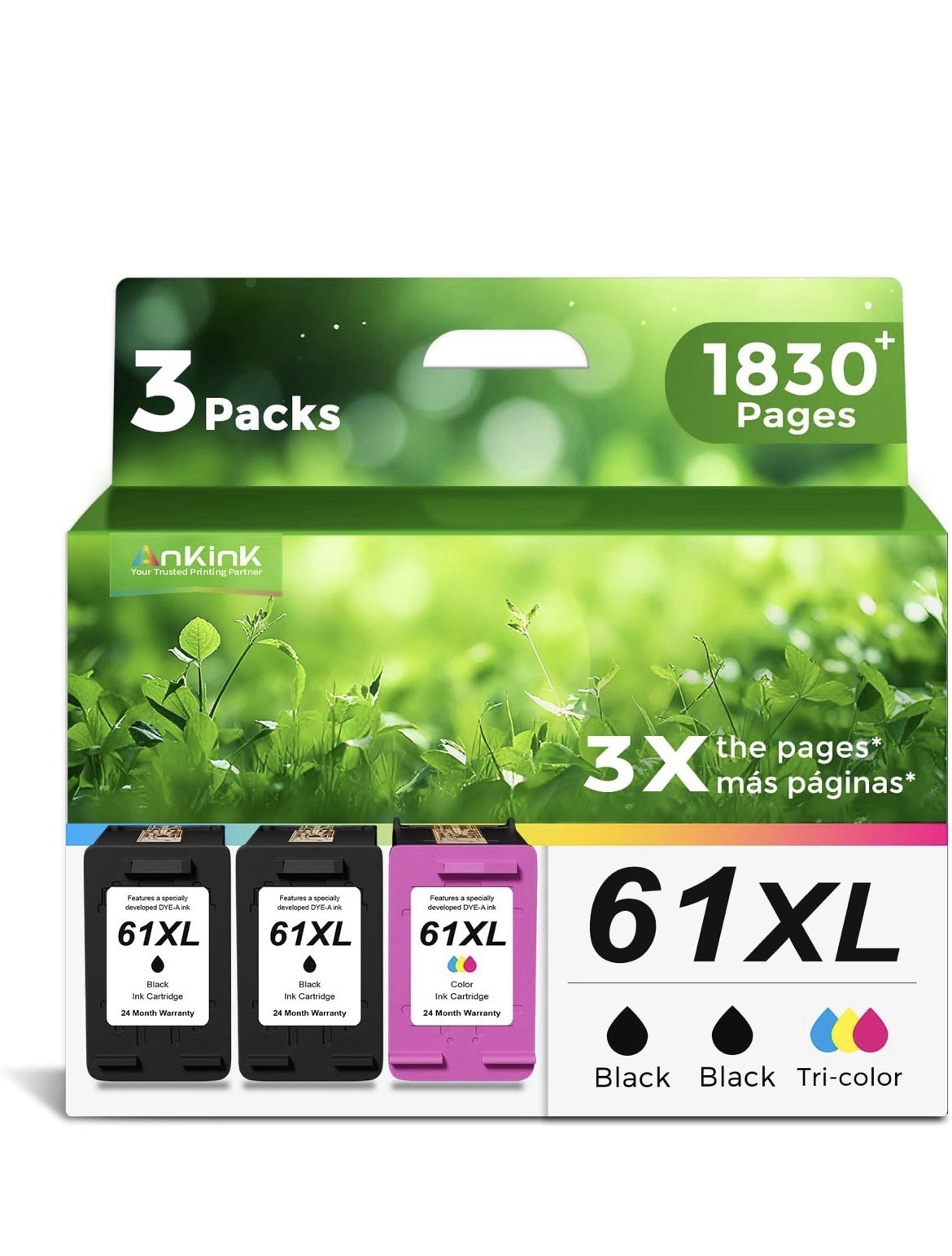 Ankink 61XL Ink Cartridge Black & Tri-color for Inkjet Printers Model 61XL MPN