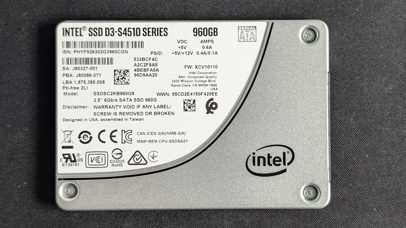 Intel D3-S4510 Series 960 GB 2.5" SSD (SSDSC2KB960G8)