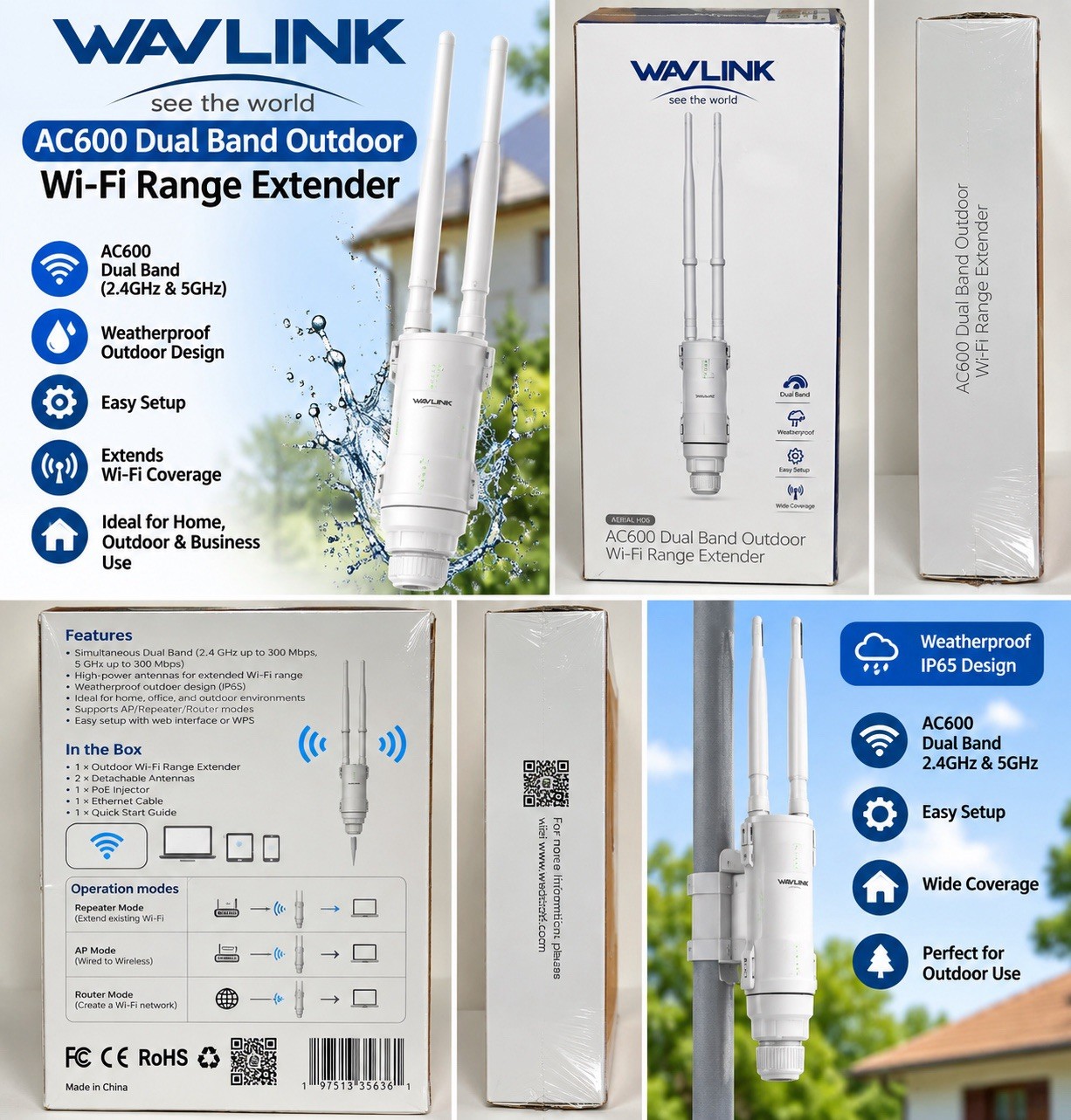Wavlink AC600 Dual Band Outdoor Wi-Fi Range Extender Aerial HD2 New Sealed (LVR)