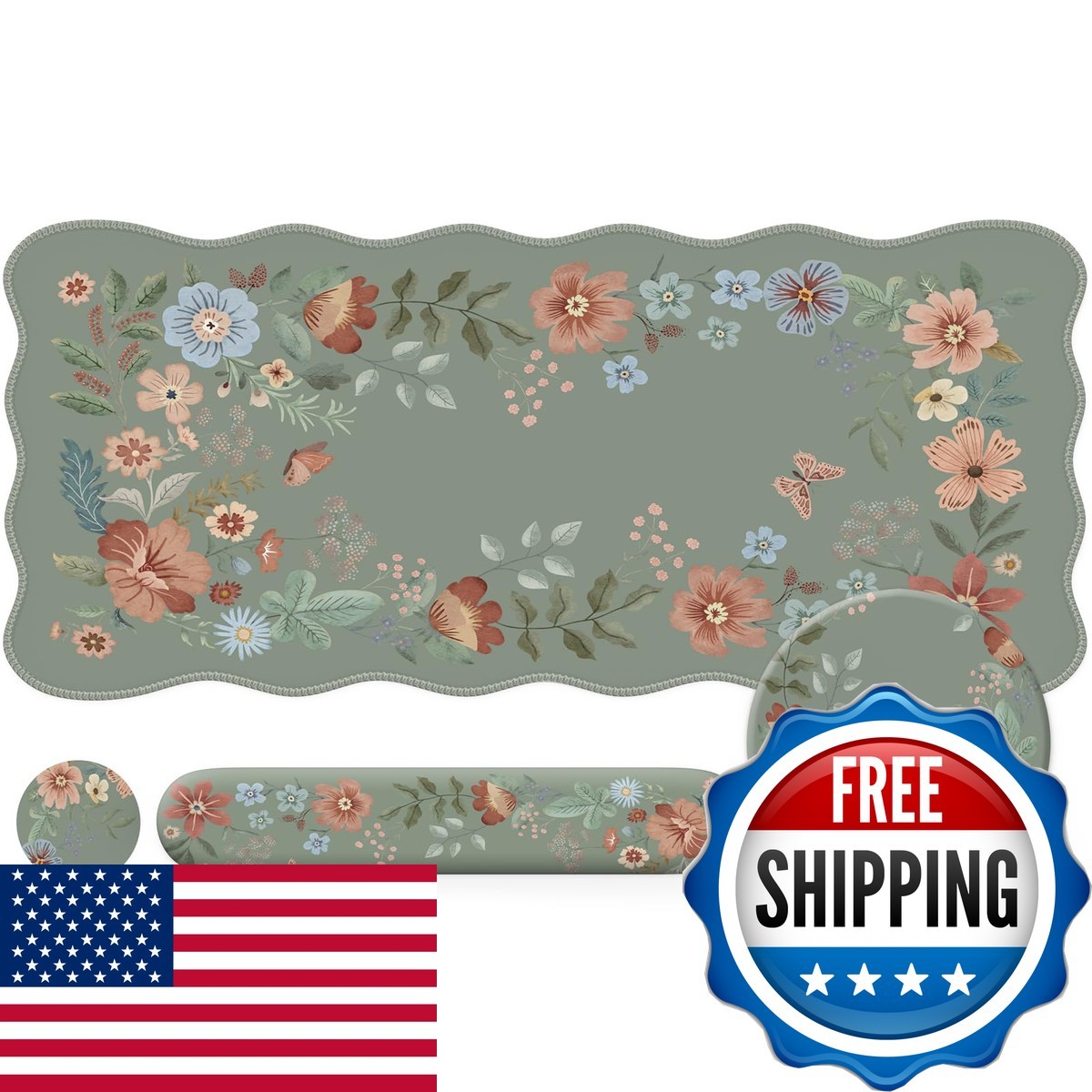 iLeadon Mouse Pad Set & Keyboard Wrist Rest, Floral Scalloped Desk Mat