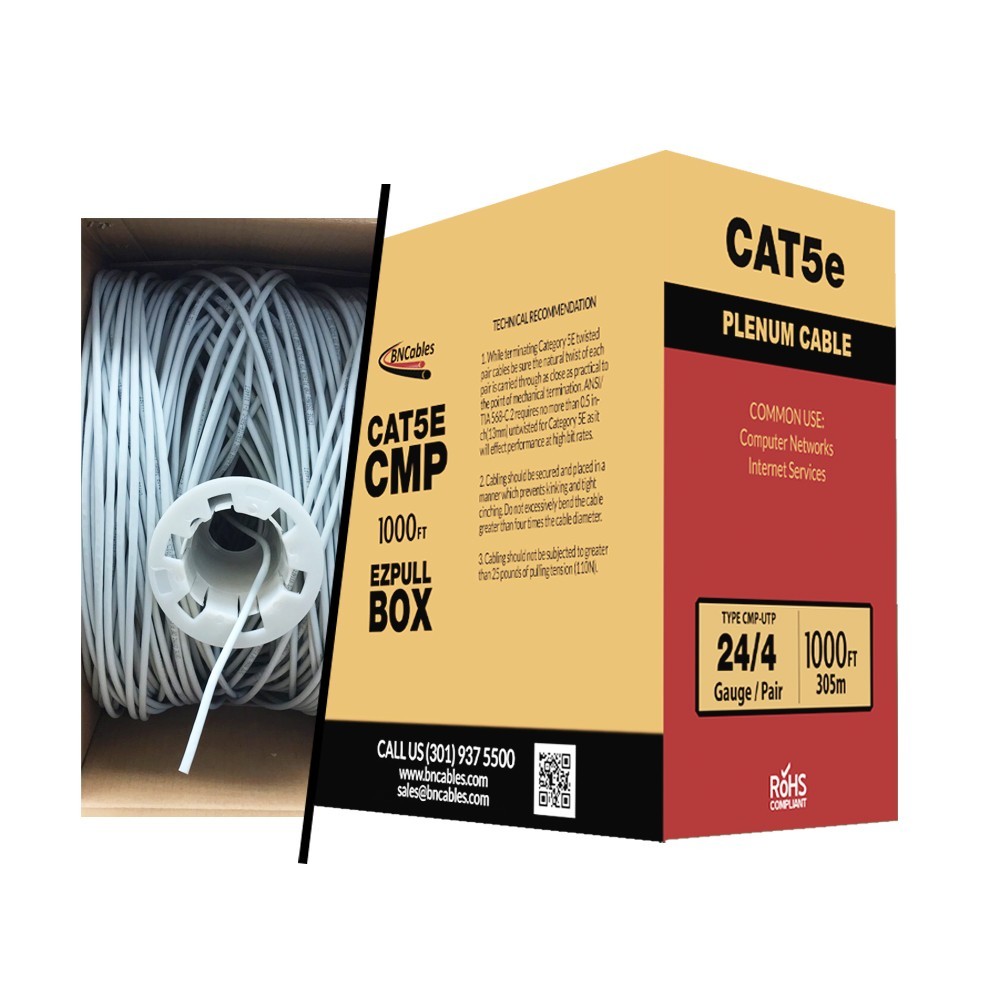 BN Cables Cat 5e Plenum CMP Rated Solid 1000ft Bulk 350 Mhz 24 AWG Cable Gray