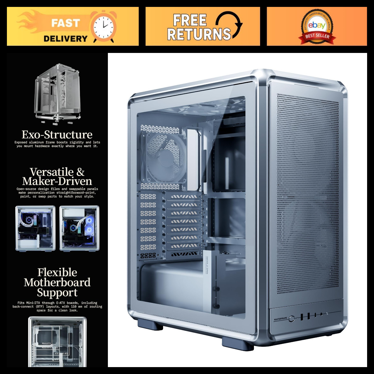 High Airflow ATX Case with Mesh Design, 200mm Fans, Silver - PC Gaming Tower