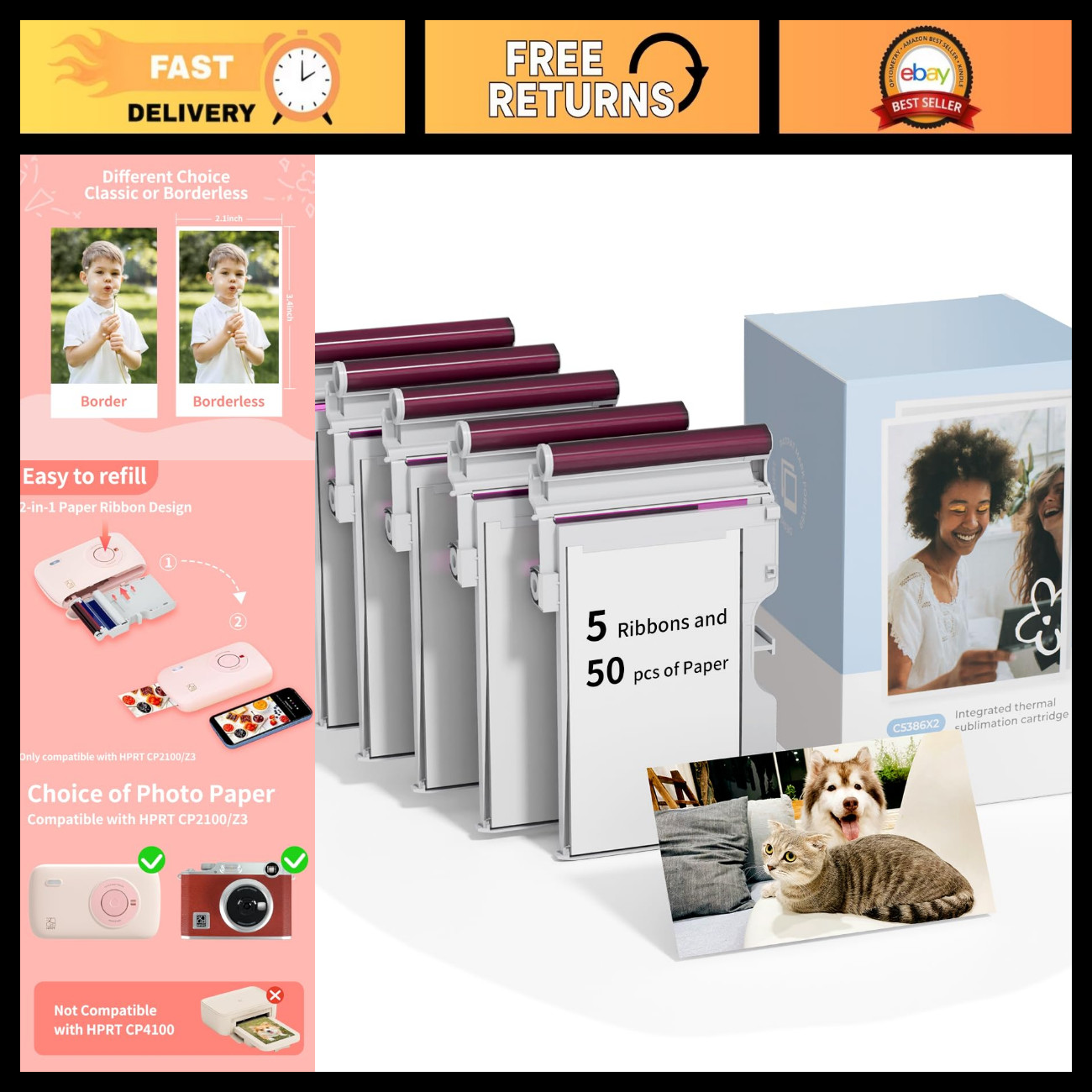 2x3" Photo Paper & Color Ribbon Cartridge - 50 Sheets for Instant Prints