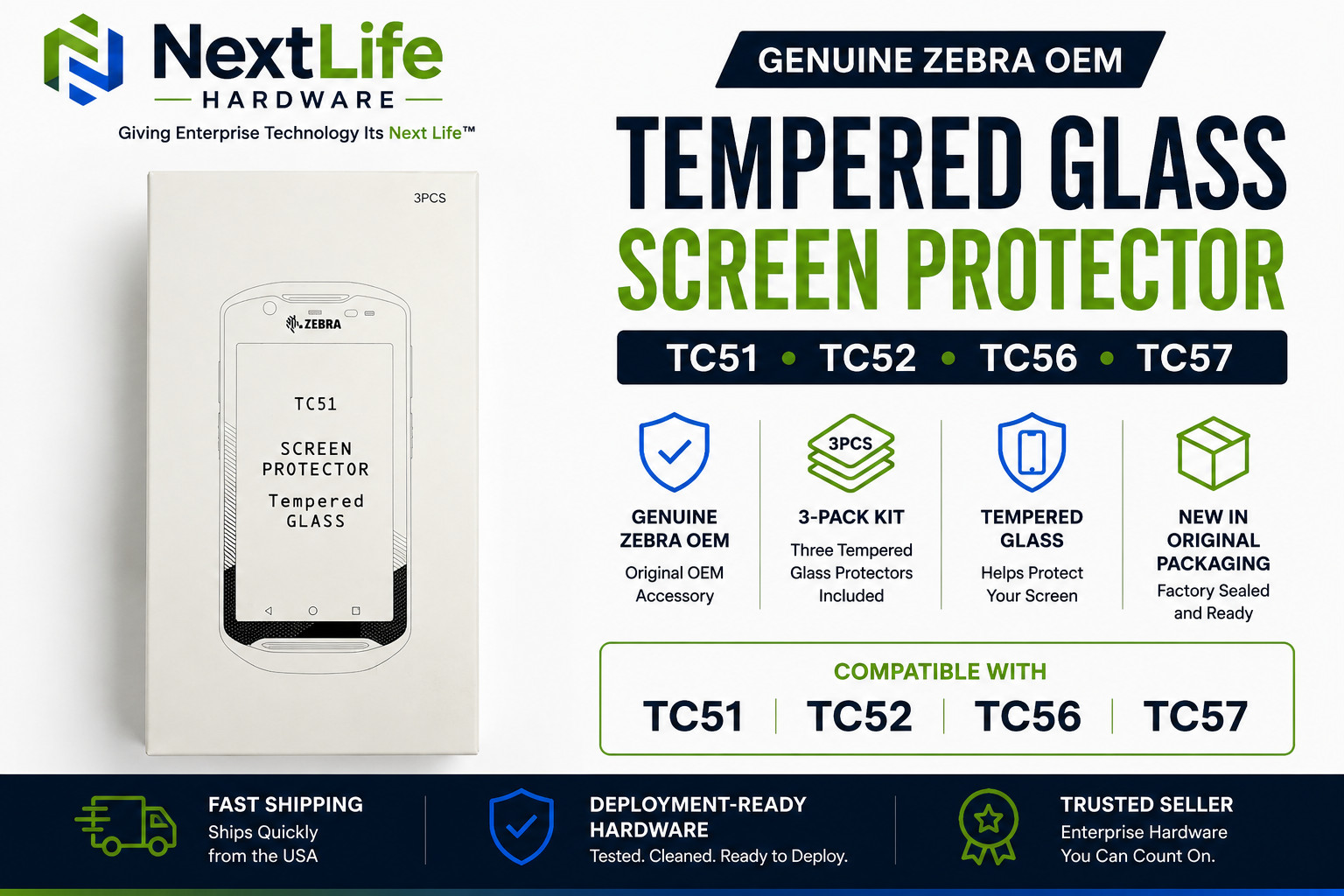 NEW Genuine Zebra TC51 TC52 TC56 TC57 Screen Protector 3-Pack KT-TC51-SCRNP1-01