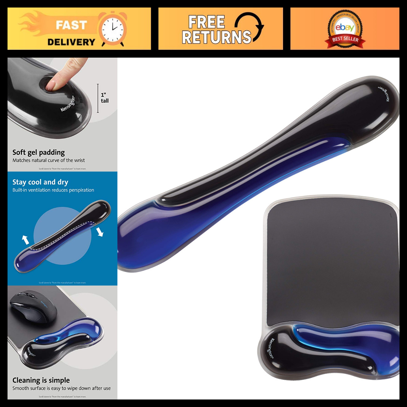 Ergonomic Duo Gel Mouse & Keyboard Wrist Rest Set, Cooling Gel Support Pad, Non-