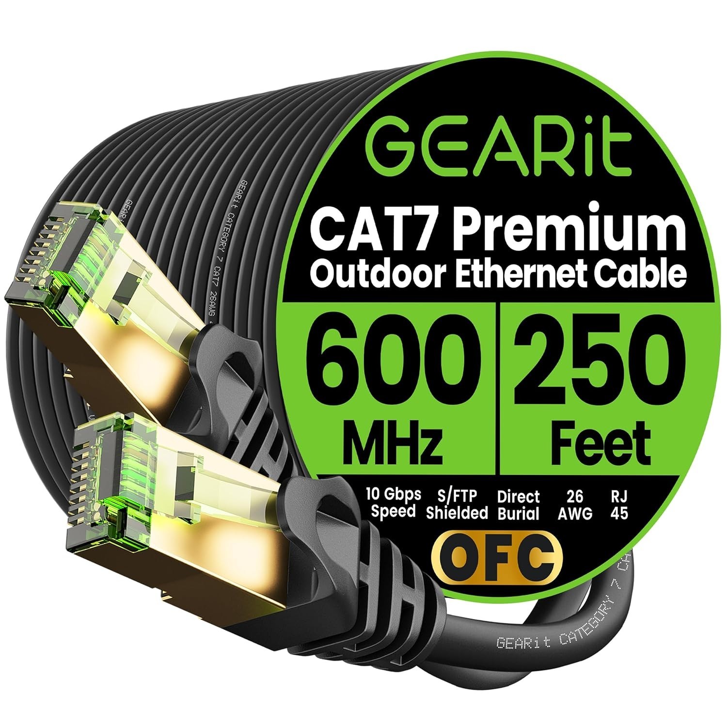Cat7 Outdoor Ethernet Cable (250ft) SFTP Shielded Foil Twisted Pair, Pure Copper