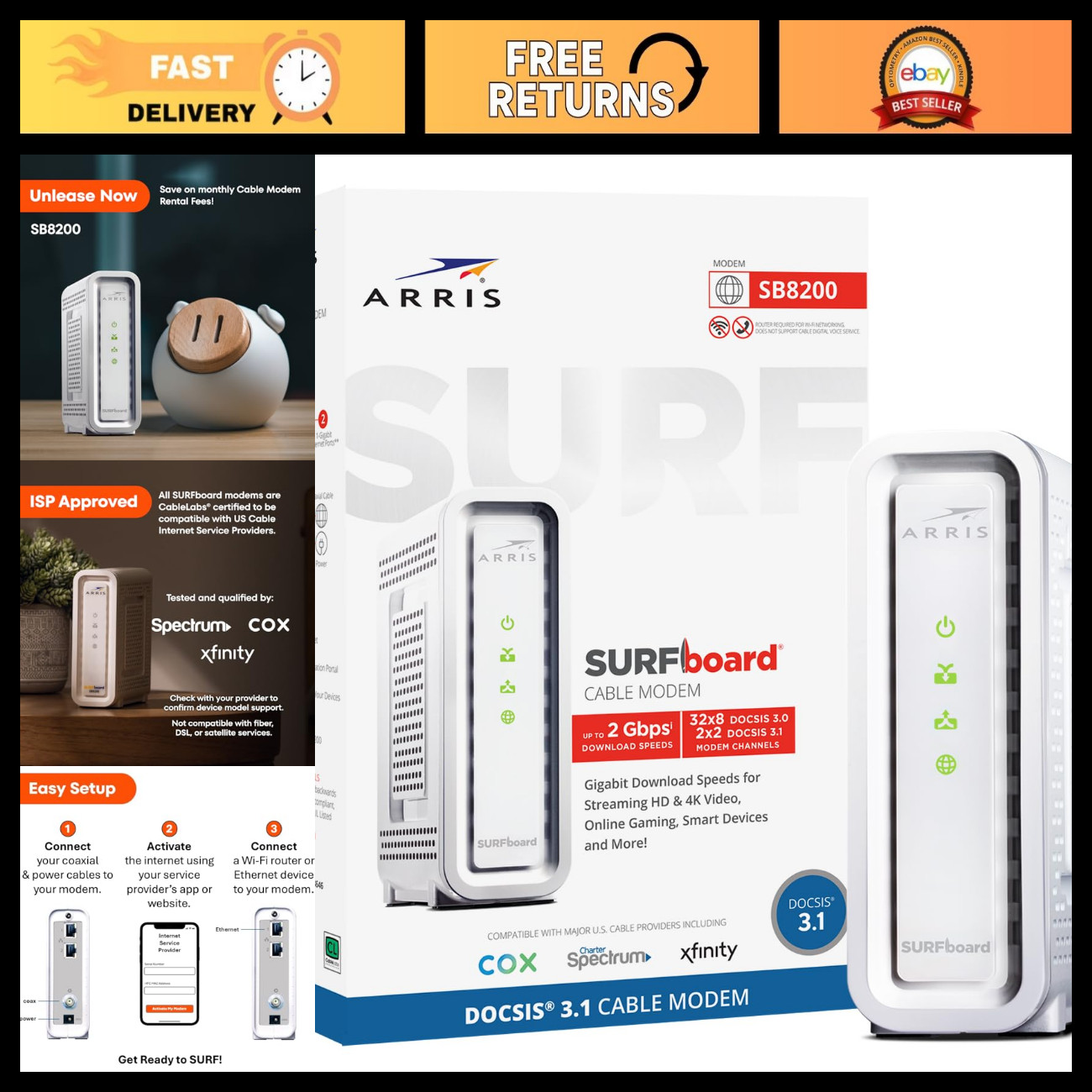 High-Speed DOCSIS 3.1 Cable Modem for Internet Plans Up to 1 Gbps - SB8200 Compa