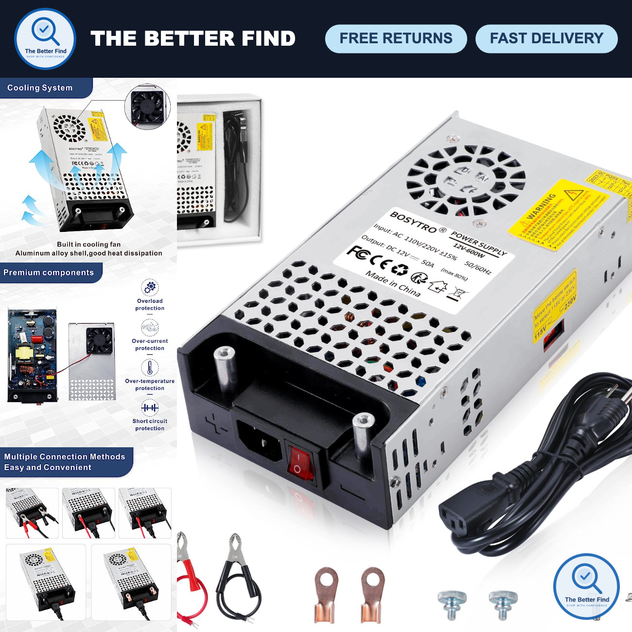 600W 12V DC Power Supply - AC to DC Converter, 50A Switching Transformer for 3D