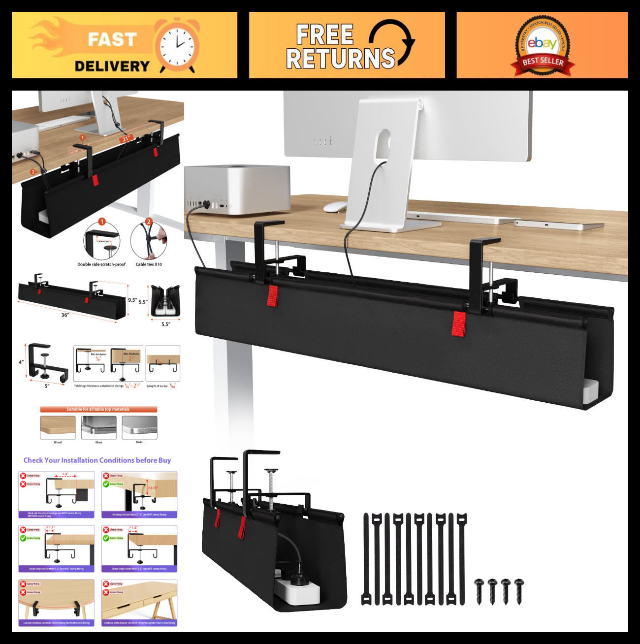 No Drill Under Desk Cable Management Tray - 36" Cord Organizer for Home/Office