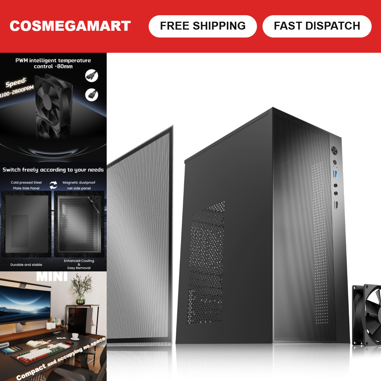 Micro ATX PC Case, High Airflow Design, 80mm Cooling Fan, Compact Black Tower