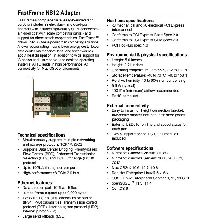 ATTO FastFrame FF-NS12 2-Port LC SFP+ 10GbE PCIe2.0 Network Adapter FULL Profile