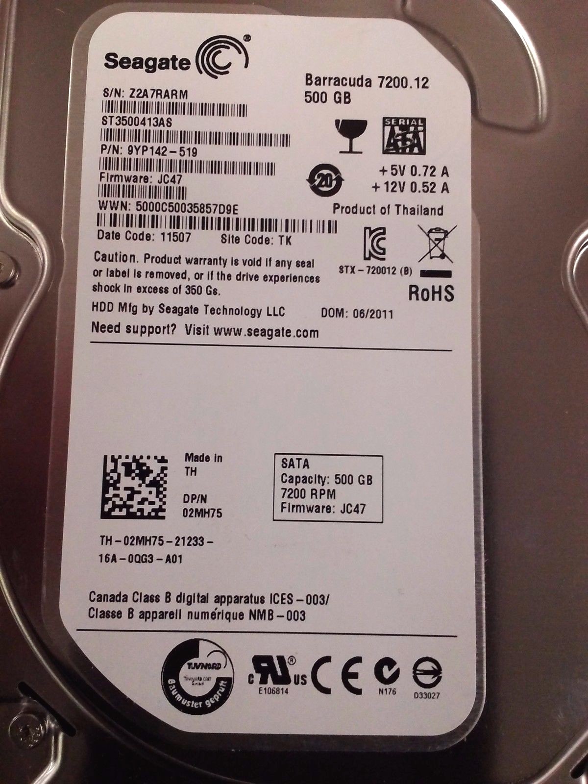 DELL SEAGATE ST3500413AS 500 GB PC SATA HARD DRIVE 9YP142-519 DC 12107 02MH75
