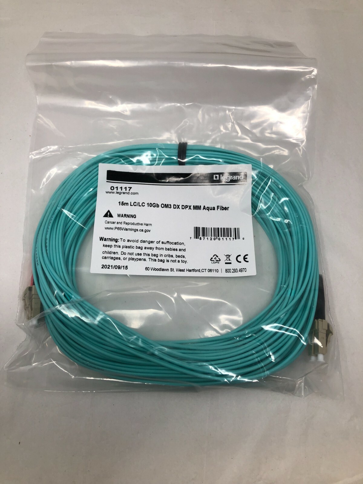 Legrand 01117 15m Fiber LC/LC 10Gb OM3 DX DXP MM Aqua Fiber Optic Patchcord
