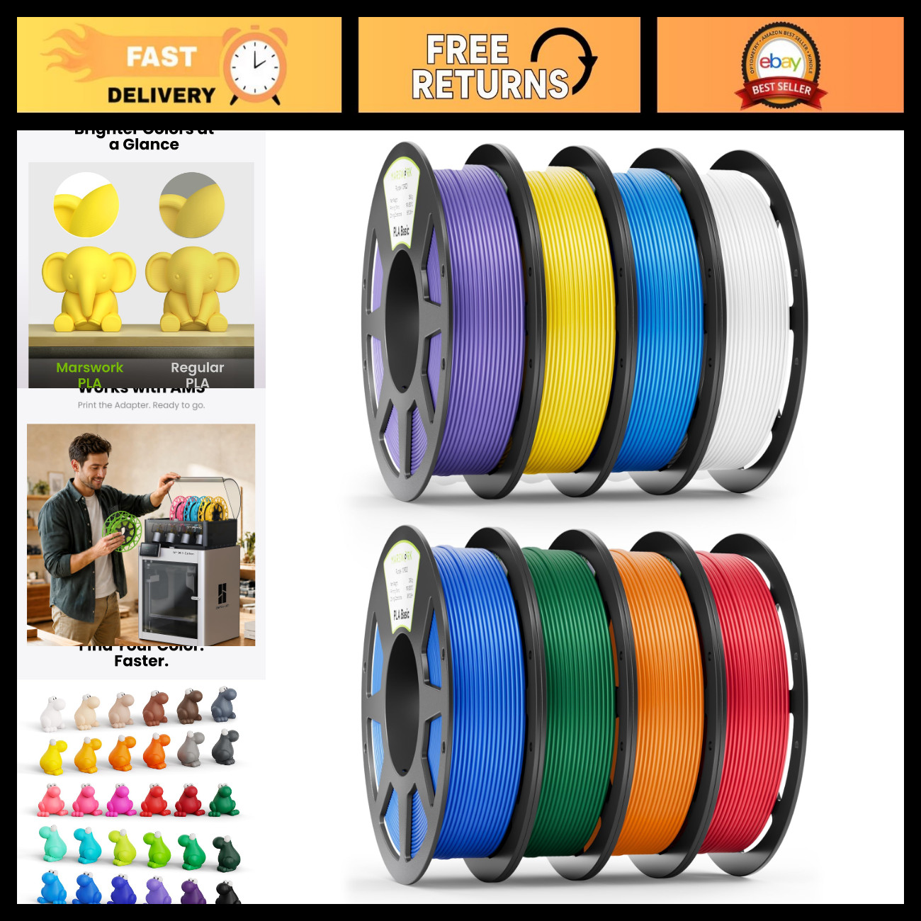 Pre-Dried PLA Filament Bundle, 8 x 250g for 3D Printing, High-Quality Material