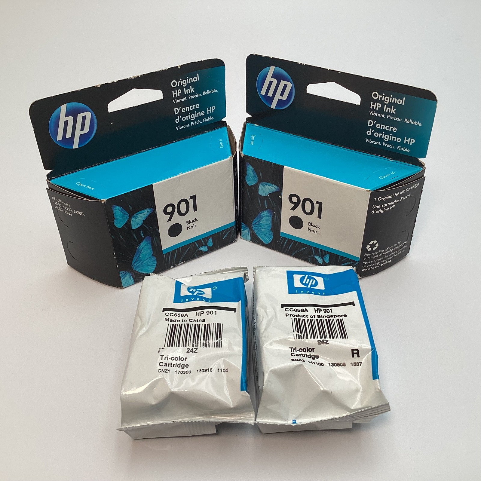 4 Total HP 901 Ink Cartridges 2x Black CC653AN 2x Tri-color CC656A - 2016 - 2023