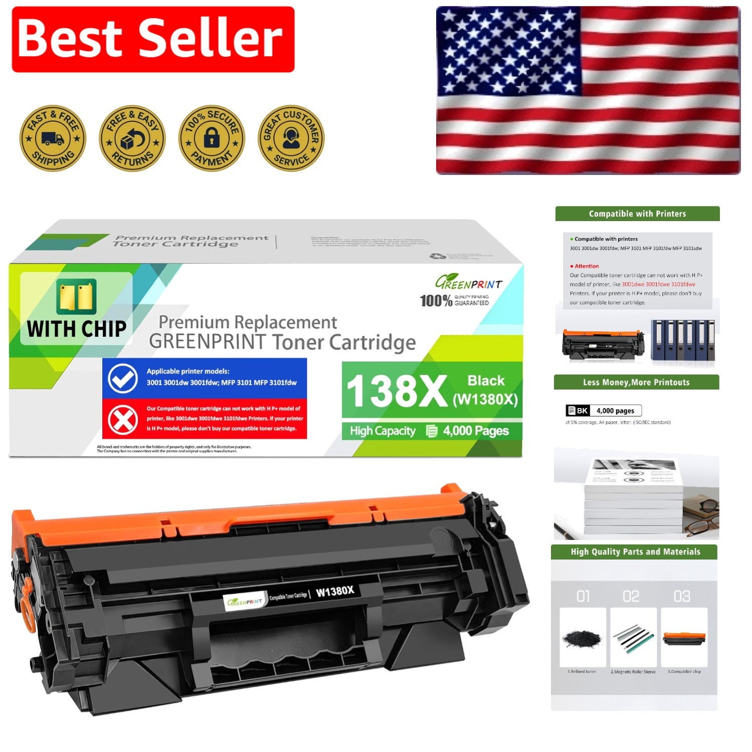 Reliable HP Compatible Toner 138X - 4000 Pages, Chip Included, Print Quality