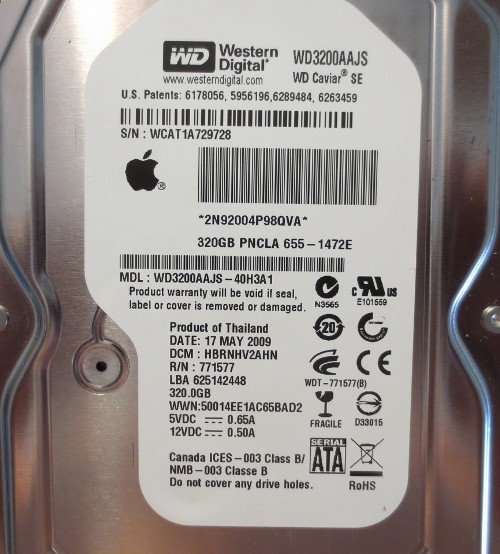 WD3200AAJS-40H3A1 DCM:HBRNHV2AHN Apple 655-1472E 320gb Sata Desktop Drive