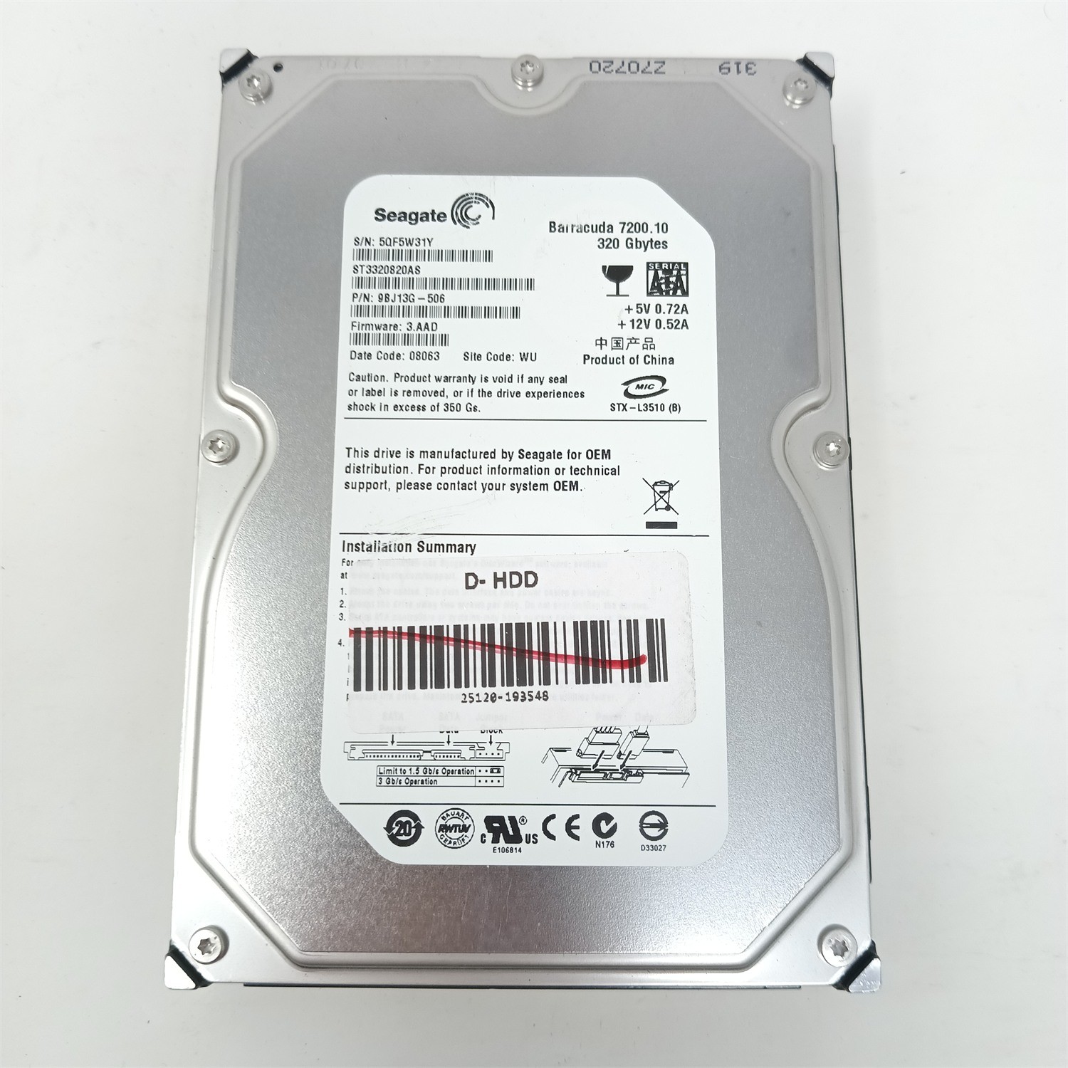 Seagate ST3320820AS 320GB 3.5" SATA III HDD - Tested