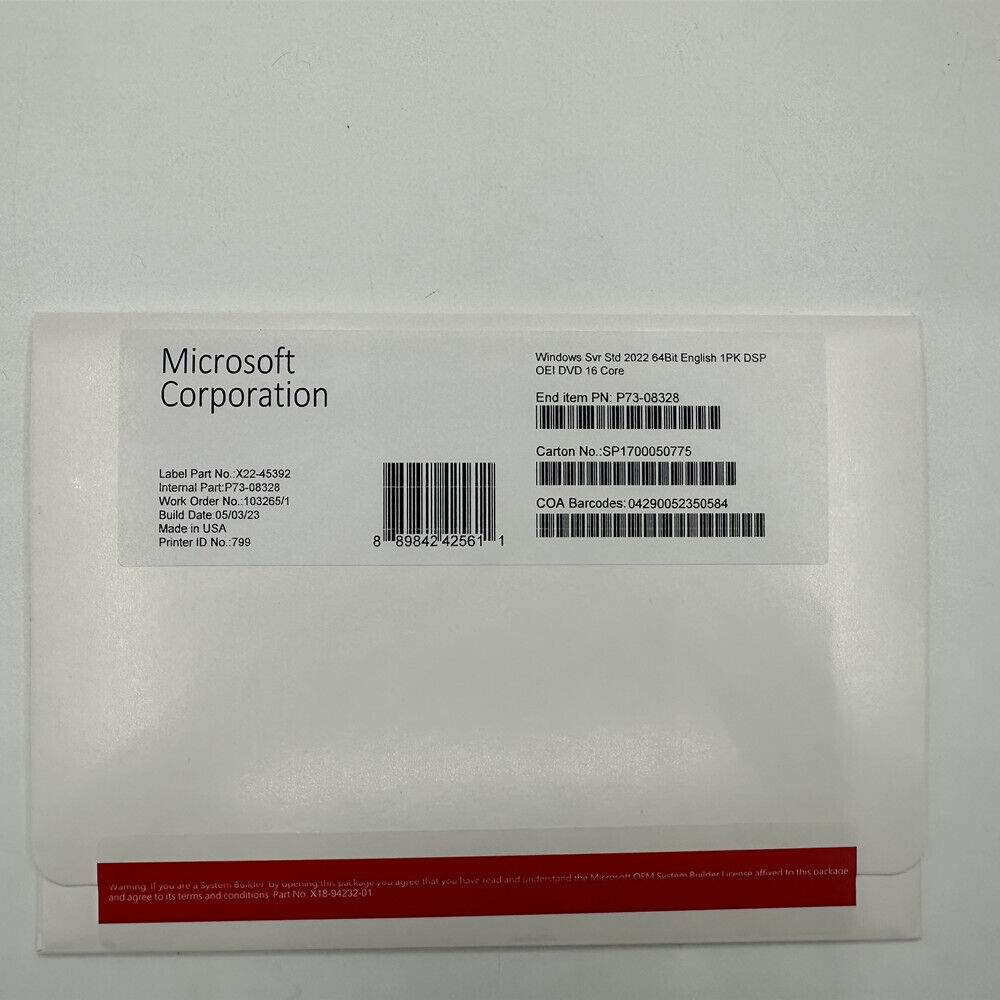 Microsoft Windows Server 2022 Standard 64-bit License & DVD 16 Core