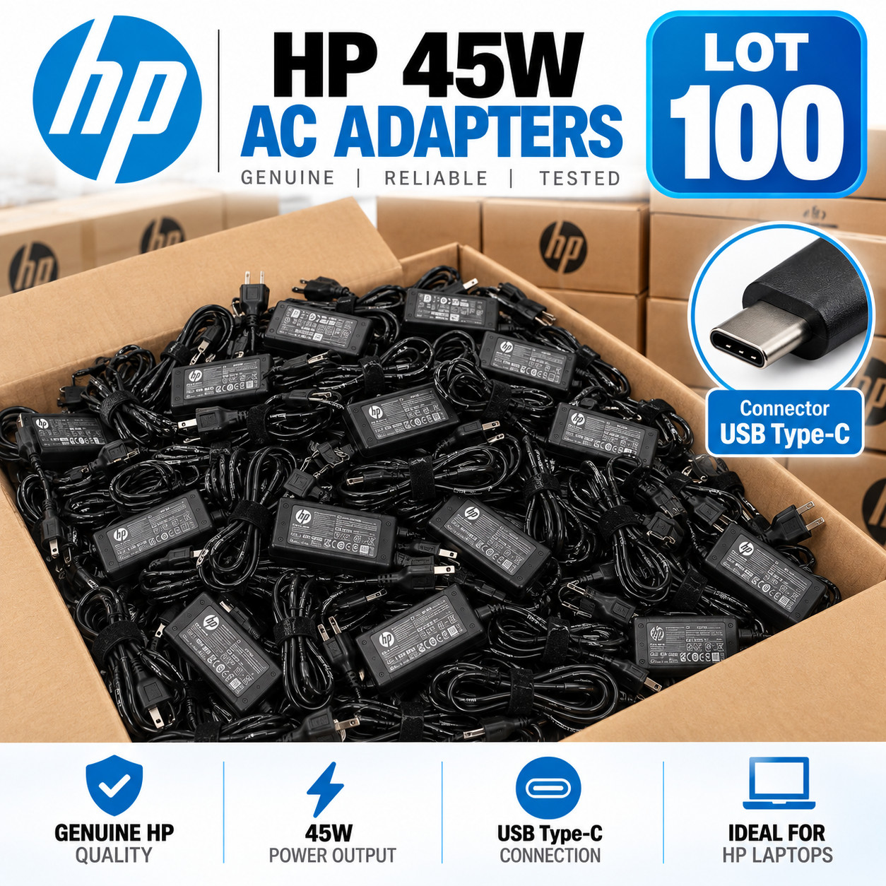 LOT100 Genuine HP 45W USB-C Type-C AC Power Adapter Charge L42206-002 L43407-001