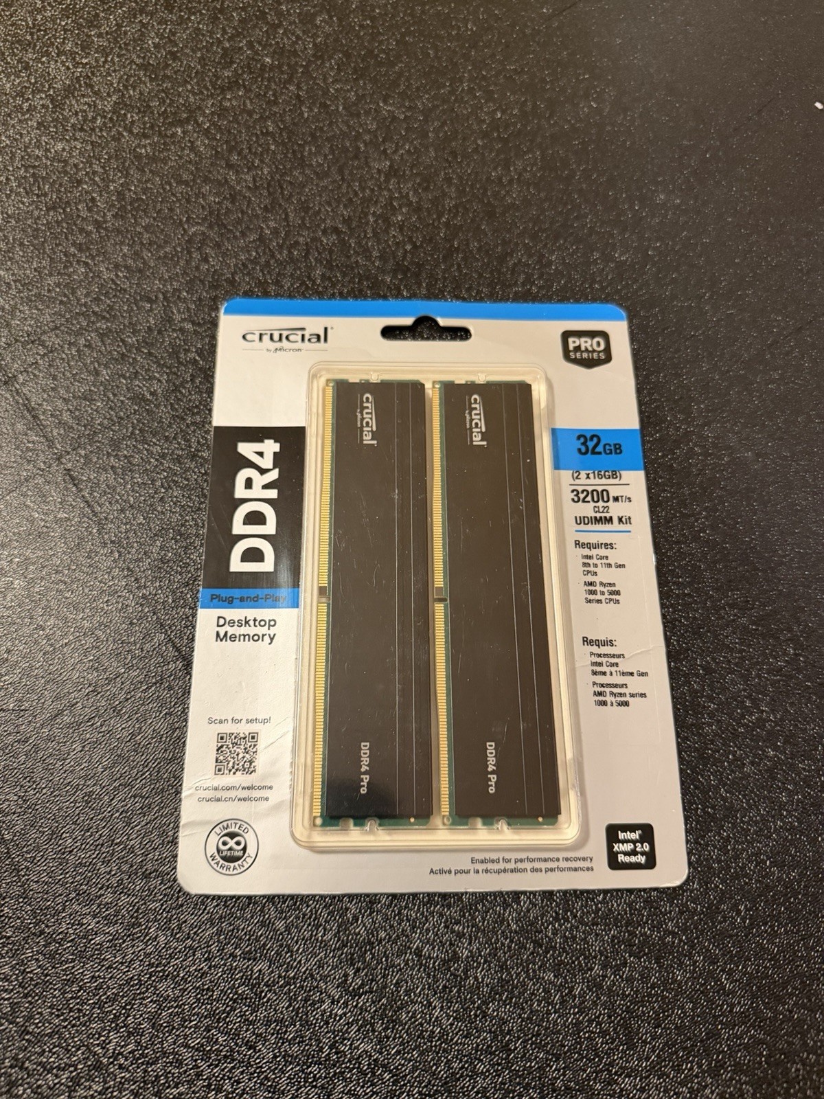 Crucial Pro 32GB (2x16GB) DDR4-3200 CL22 UDIMM 288-Pin XMP CP2K16G4DFRA32A