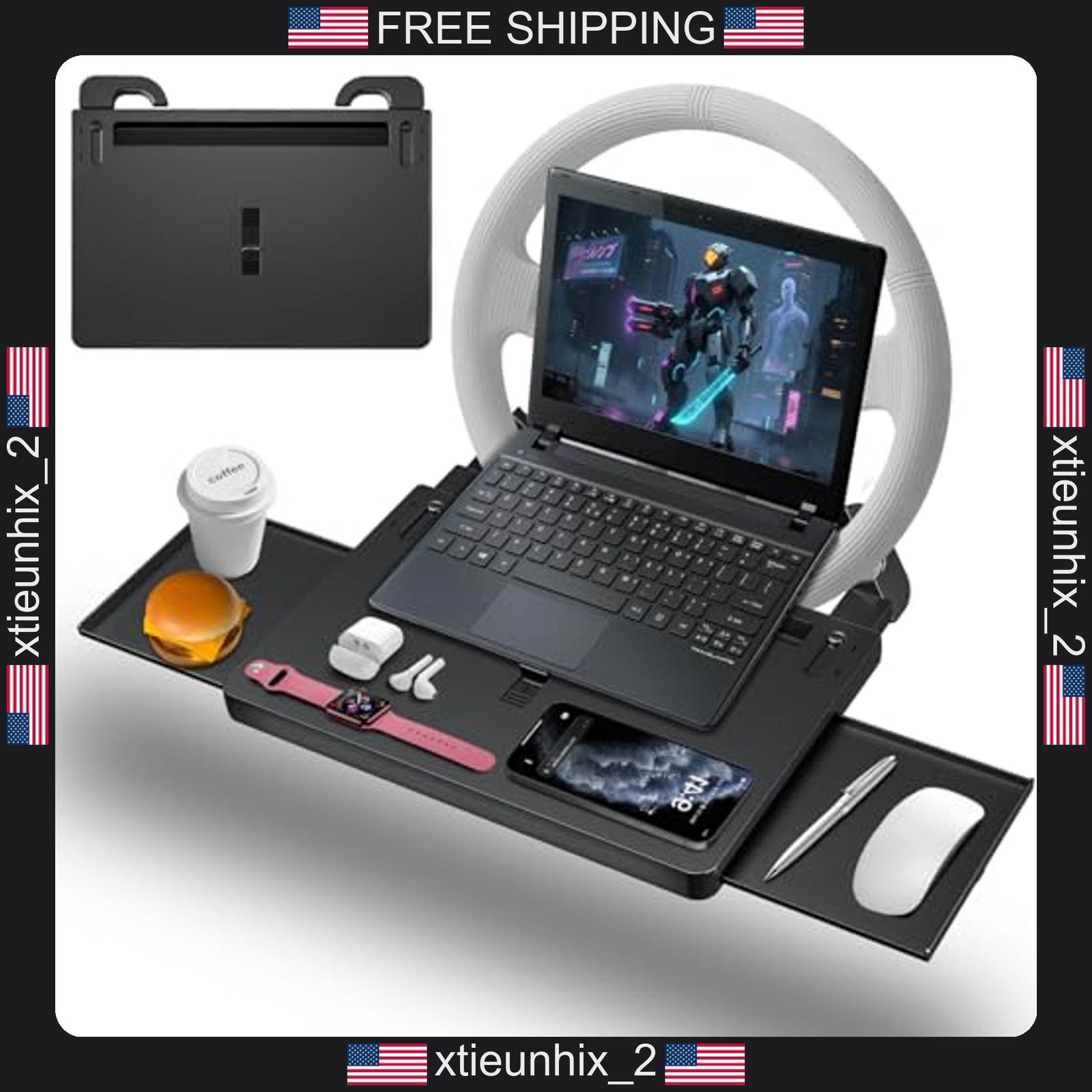 Car Steering Wheel Tray Adjustable Laptop Desk with Drawer and Anti-Slip