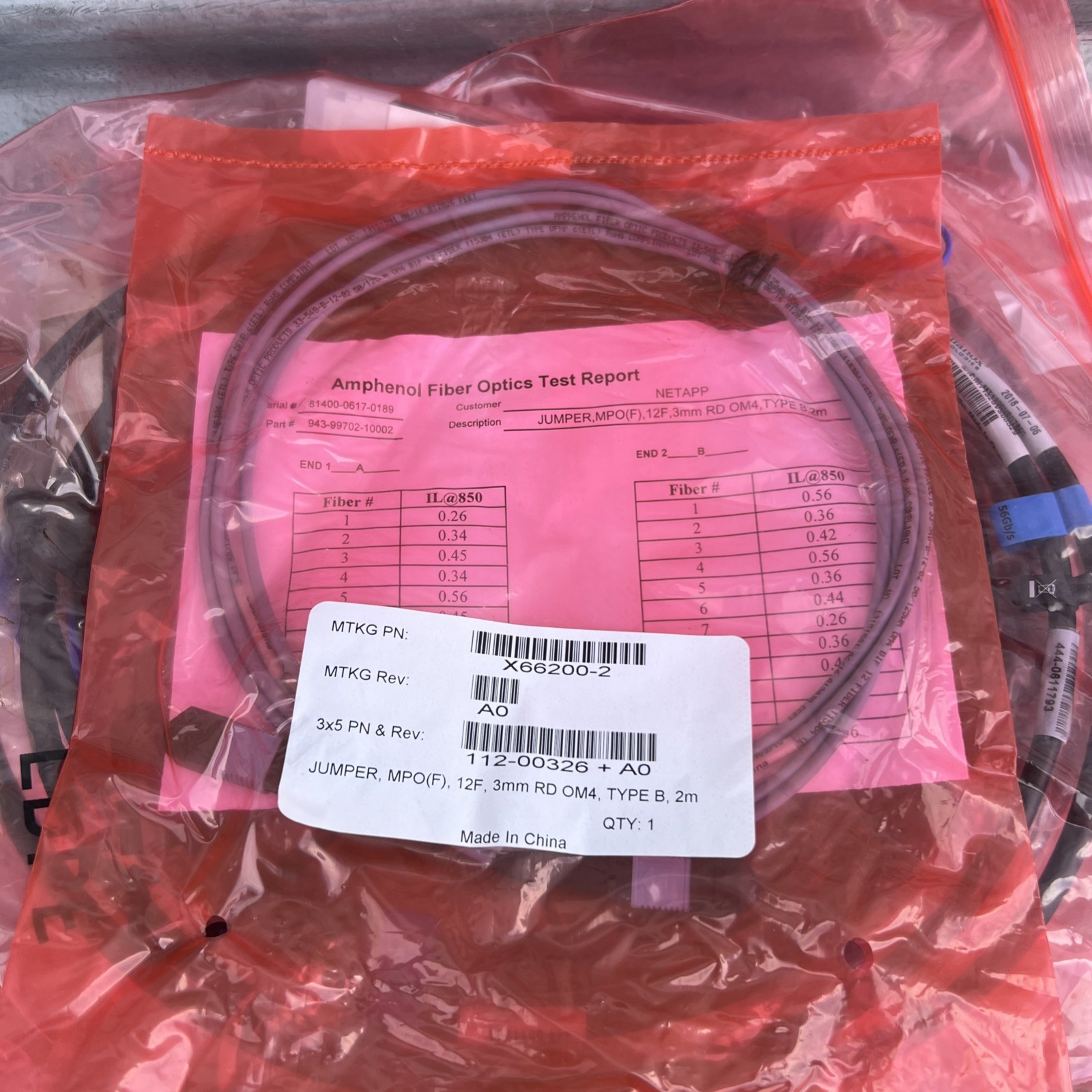 NEW NetApp JUMPER, MPO(F), 12F, 3mm RD OM4, TYPE B 2m