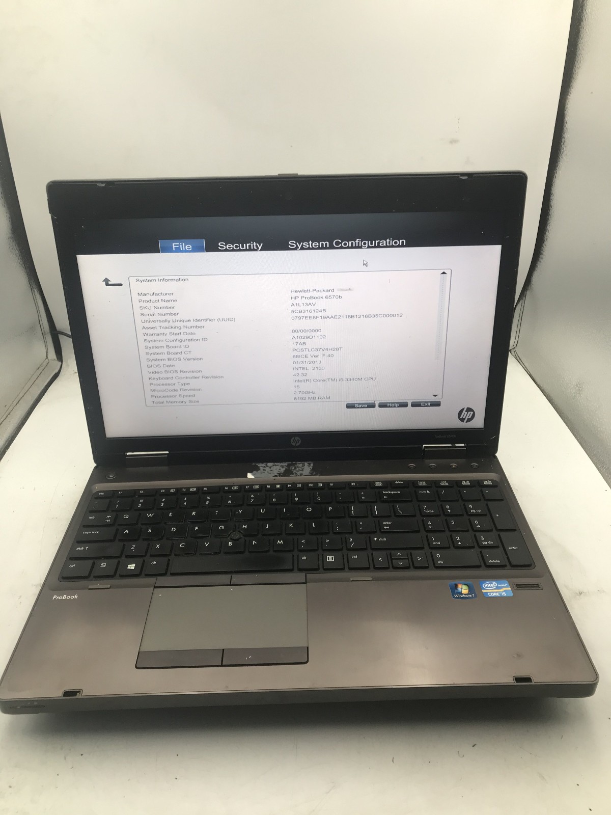 HP PROBOOK 6570B - BOOTS TO BIOS - INTEL I5 3340M - NO RAM - READ - BB