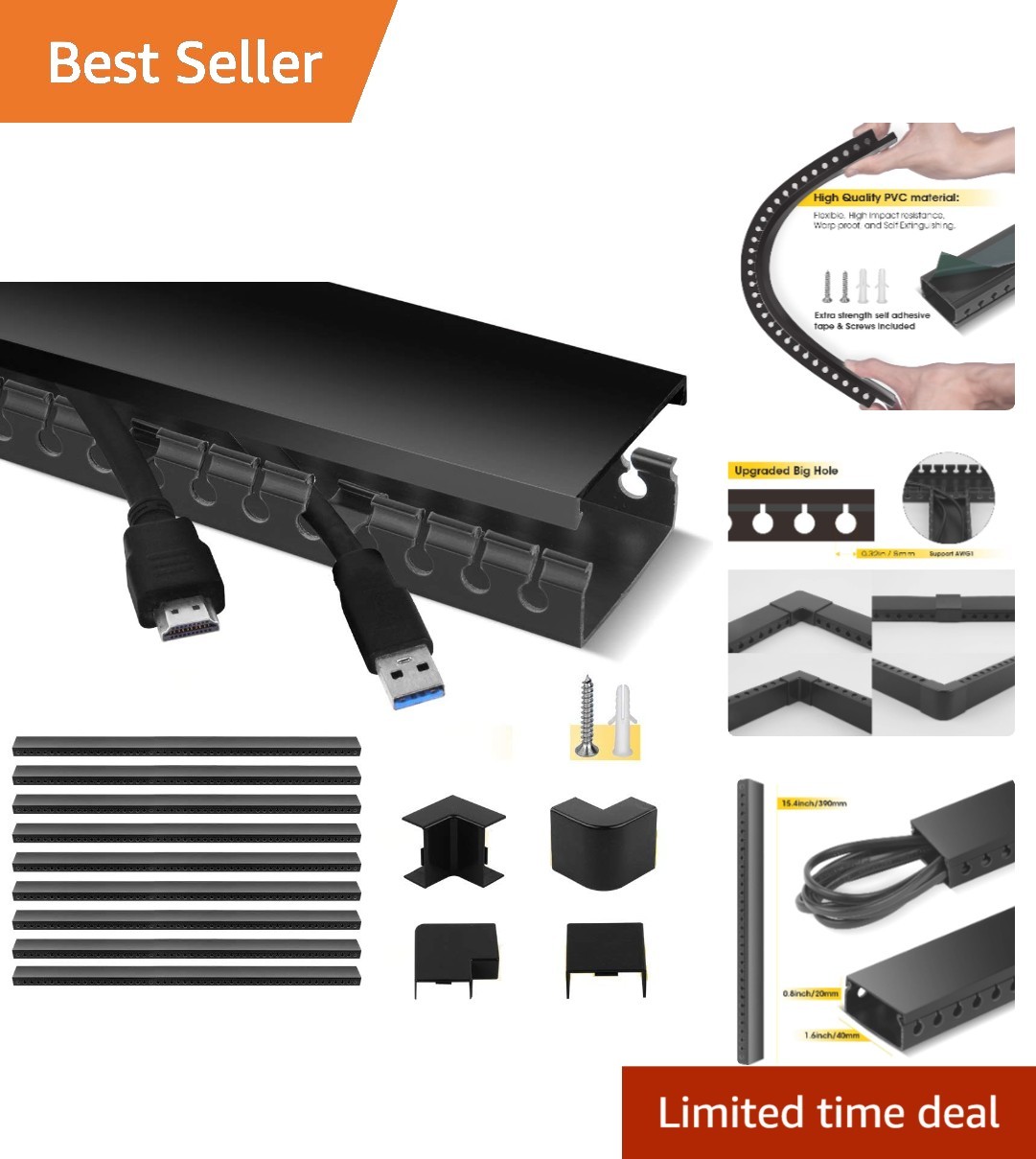 Compact Cable Organizer Set - 9 Pre-Cut Ducts for TVs and Computers, Black