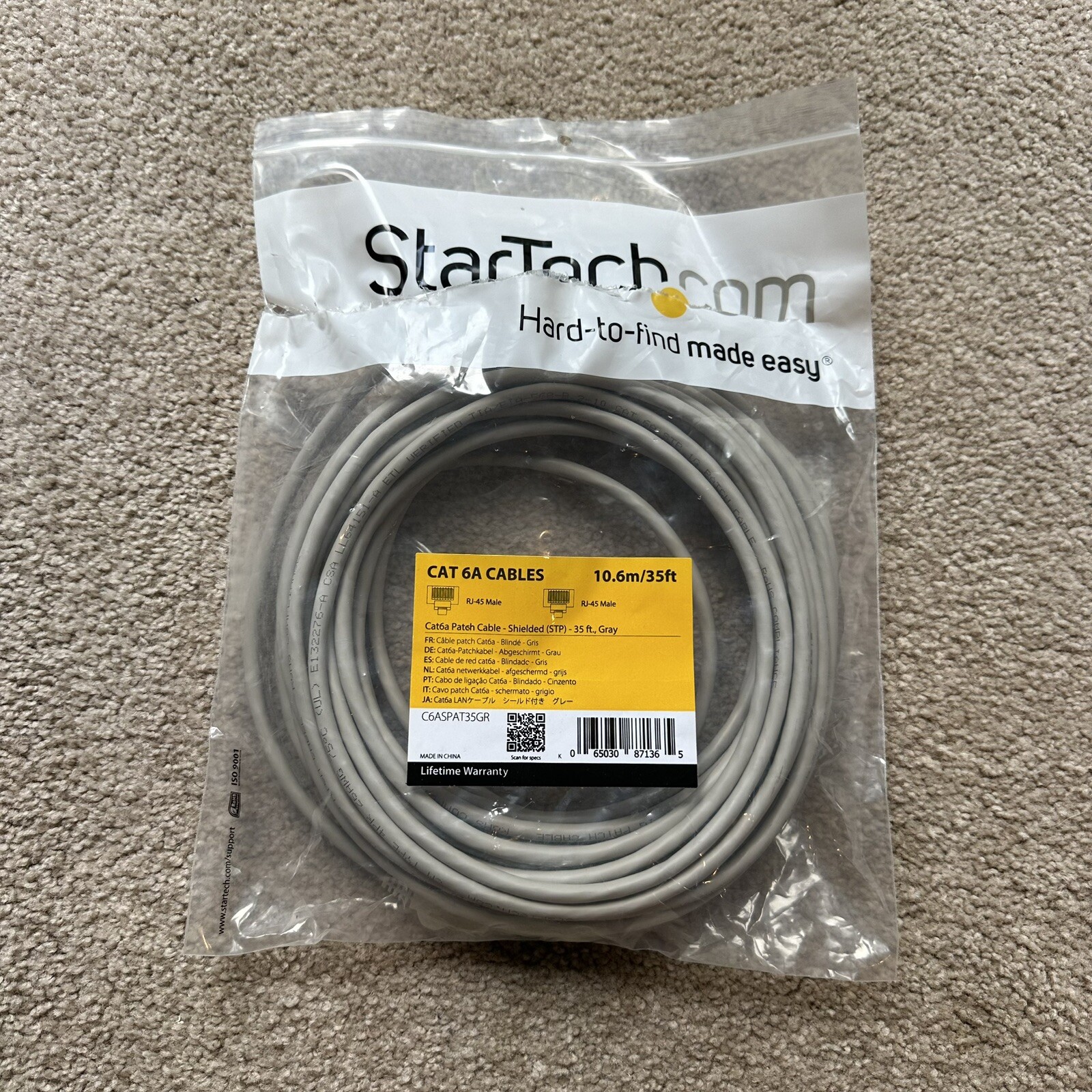 StarTech 35ft/ 10.6m Gray Cat6a Shielded Patch Cable