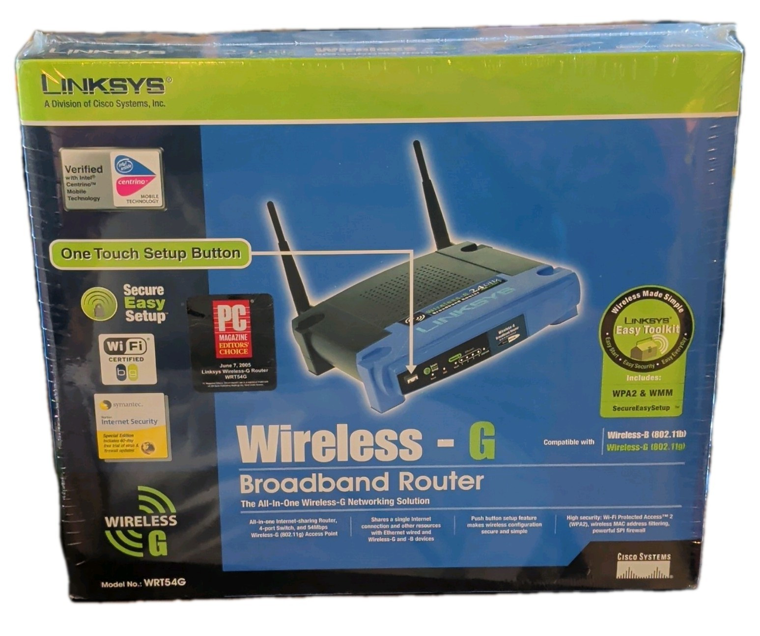 Linksys WRT54G Wireless-G Router 54 Mbps Wi-Fi, 4-Port 100 Mbps, VPN, Blue/Black