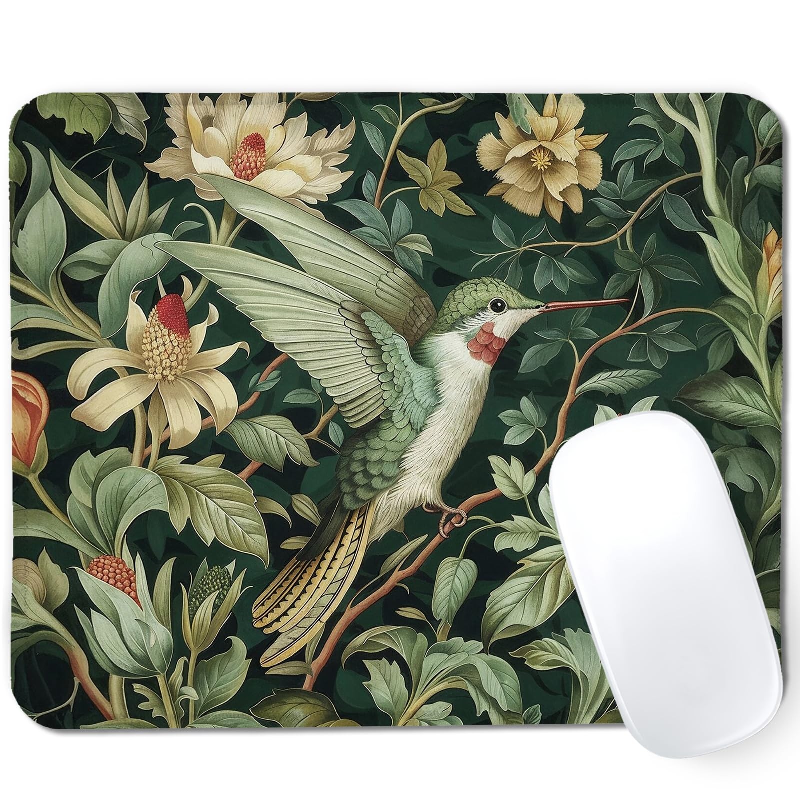 Sage Green Floral Hummingbird Mouse Pad, William Morris Inspired Floral Hummi...