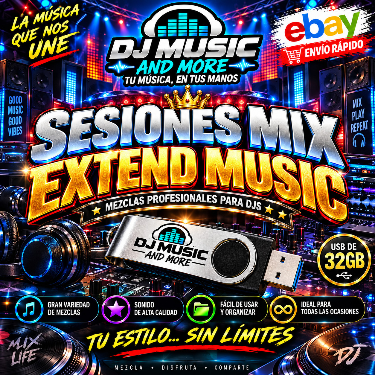 SESIONES AUDIO MIX  EXTENDED MUSICA PARA DJ's  Alta Calidad -  SPANISH 32gb