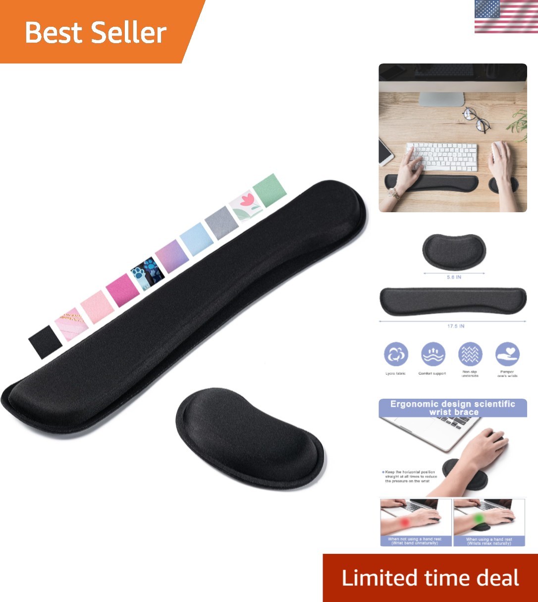 Black Memory Foam Wrist Pads for Keyboard & Mouse - Anti-Slip Design
