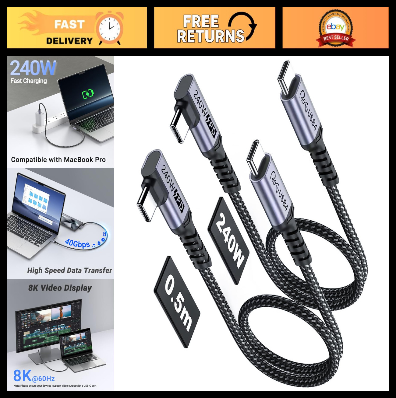 Short USB 4 Cable Right Angle 1.5FT 2-Pack, 240W Fast Charging, 40Gbps Data, 8K
