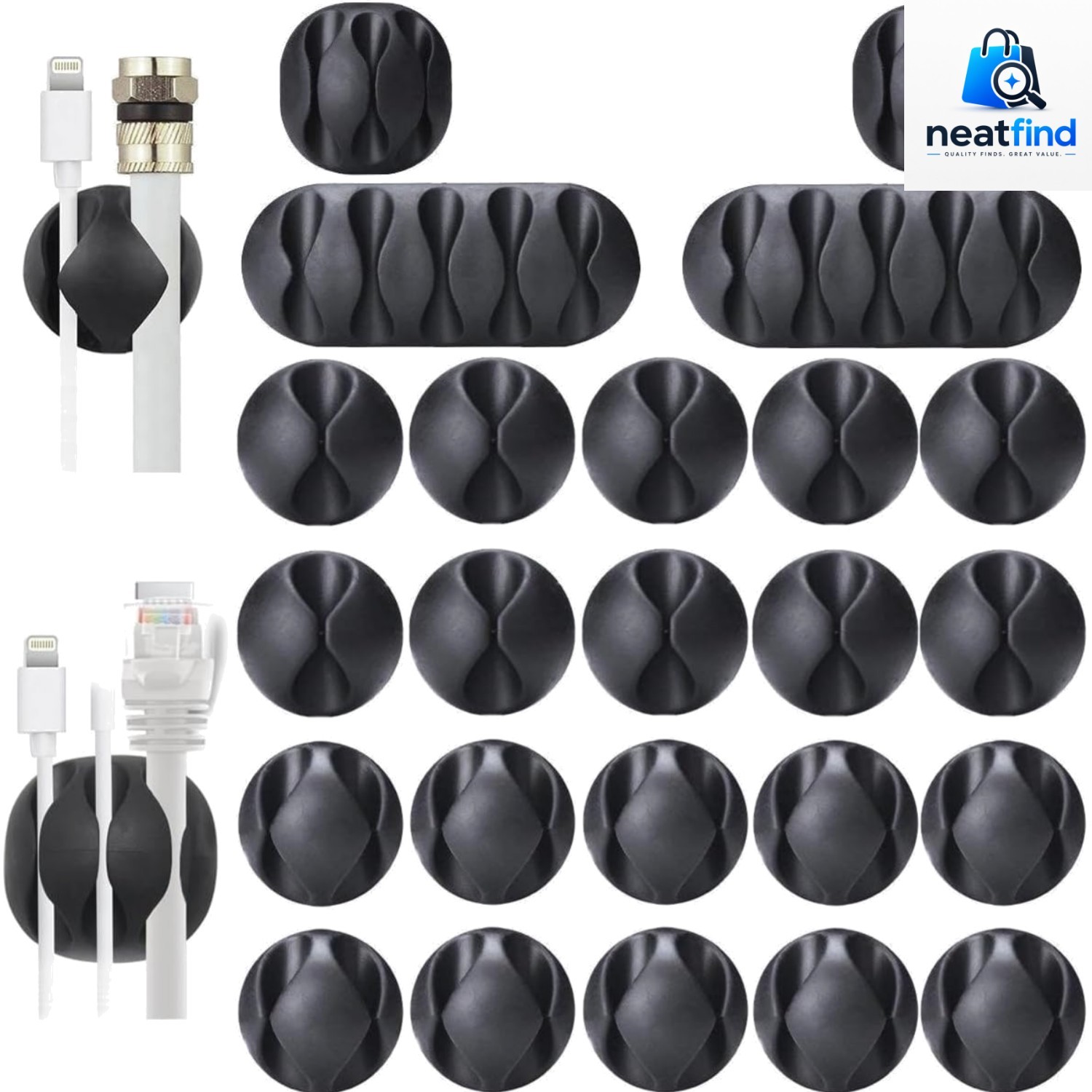 24PCS Black Cable Clips, Self Adhesive Cord Holder Cord Organizer